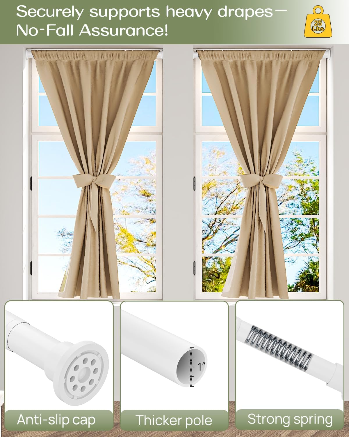 ALLZONE Heavy Duty Tension Shower Curtain Rod 28-42 Inches for Bathroom, Window, Non-Slip, Adjustable with Strong Spring Pole for Closet, Doorway, No Rust, No Drilling, White
