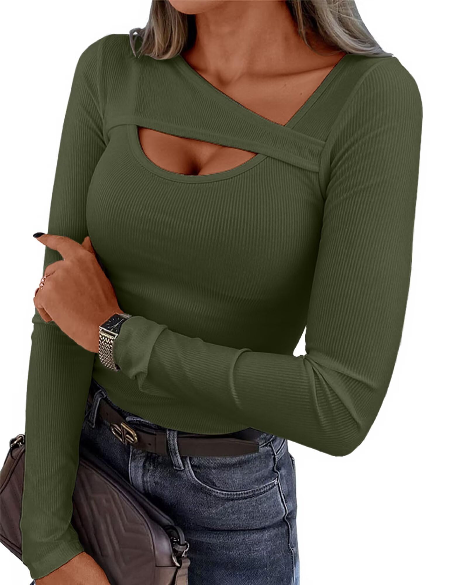 SANDERY Womens Fashion Clothes One Piece Cutout Tops Long Sleeve Ribbed Knit Slim Fitted Shirts Tee Tshirts