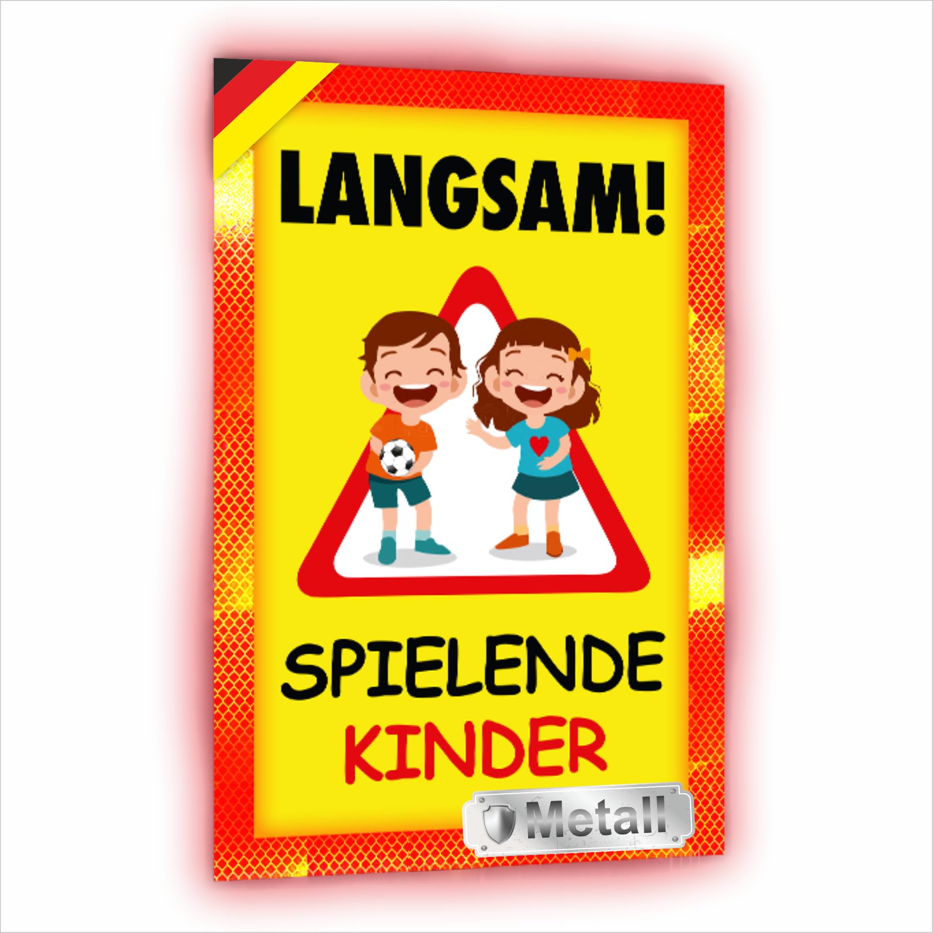 Sachverständigen-Zubehör® Achtung Kinder Sicherheit Schild XXL aus Metall [3 mm] mit Reflektoren [reflektierend leuchtend] Verkehrsschild Warnschild 60 x 40 cm Pylonen Warn Aufsteller Spielstrasse
