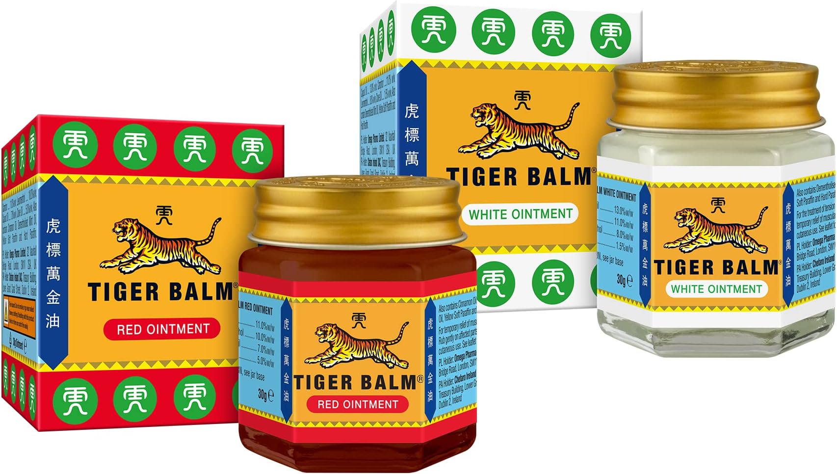 Red & White Ointment Bundle – Effective pain relief - Contains 1x 30g Tiger Balm Red Ointment & 1x 30g Tiger Balm White Ointment