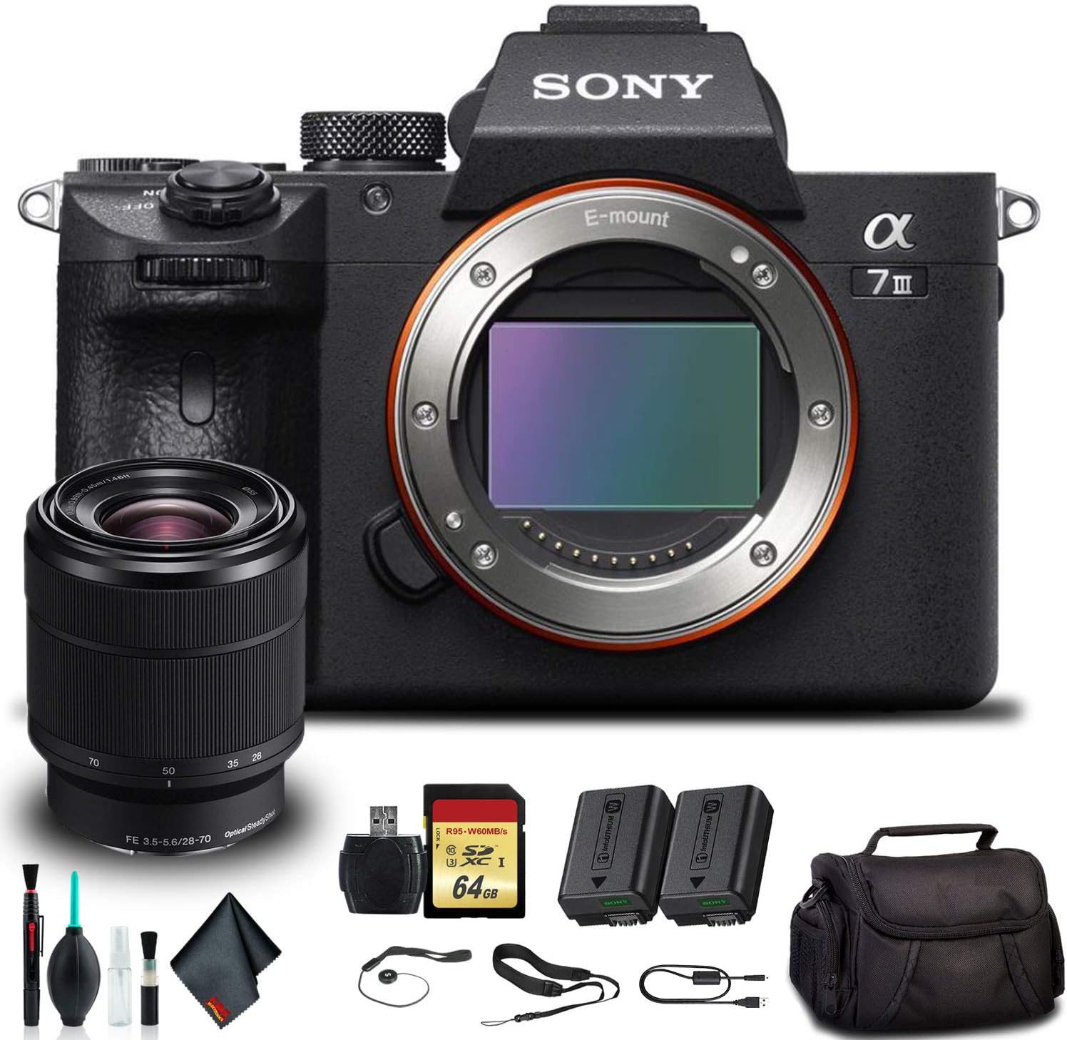 Sony Alpha a7 III Mirrorless Camera with 28-70mm Lens ILCE7M3K/B with Soft Bag, Additional Battery, 64GB Memory Card, Card Reader, Plus Essential Accessories