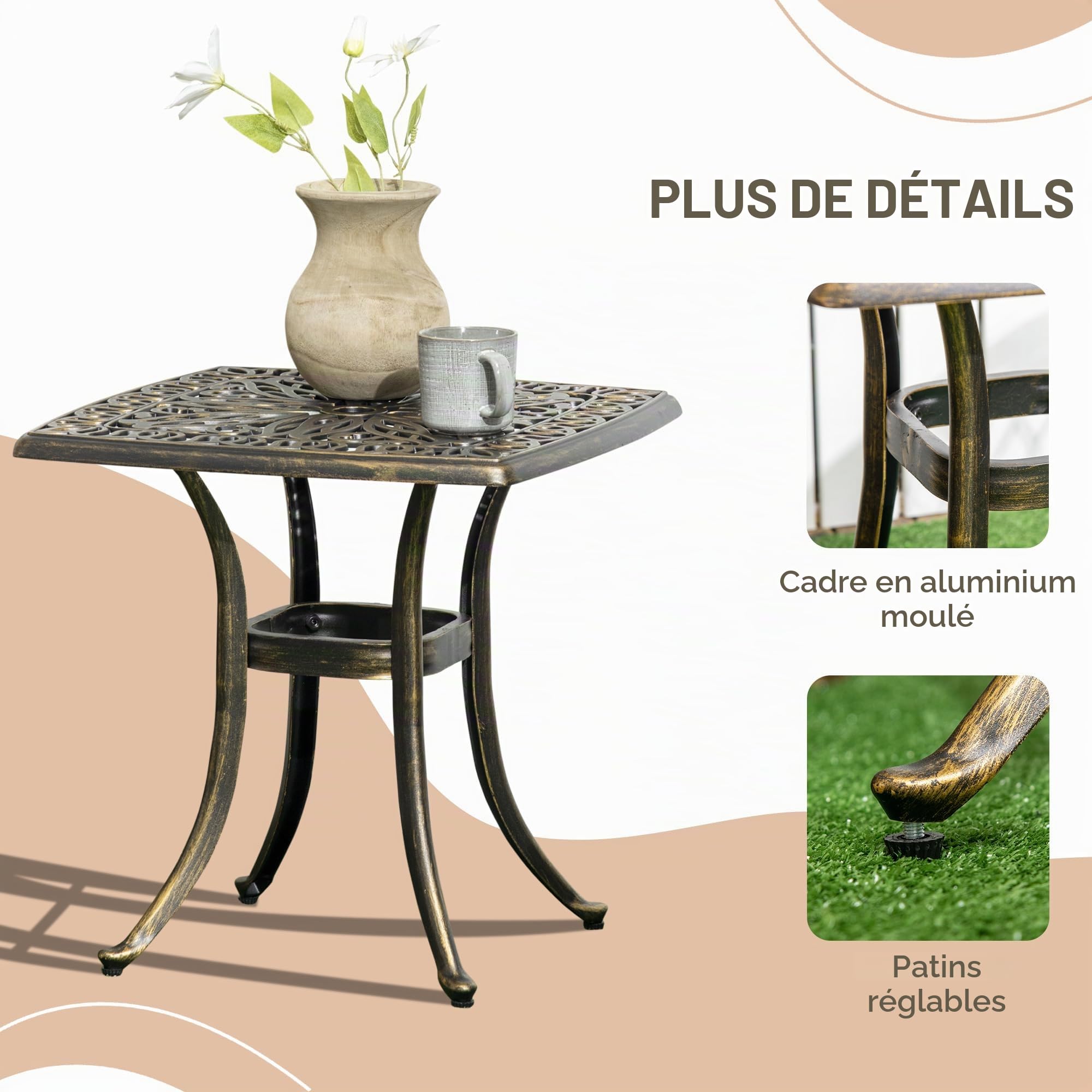 Outsunny Table de Jardin en Aluminium moulé, 54x54 cm Teinte Bronze