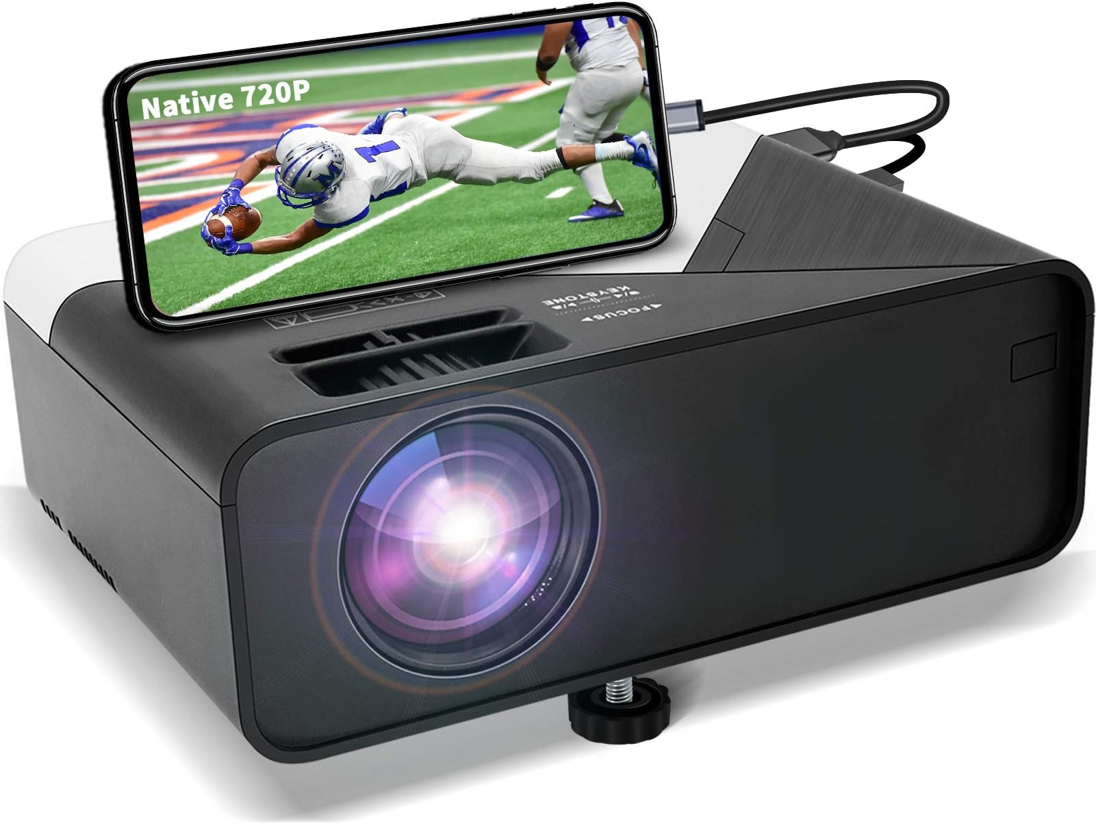 GRC Mini Projector, Full HD 1080 Supported Native 720P Projector Movie Projector, with Built-in HiFi Sound Speaker, Compatible with TV Stick HDMI USB AV DVD for Multimedia Home Theater/ Outdoor Movie