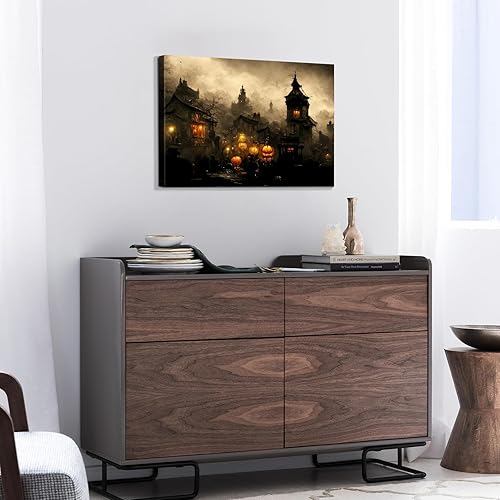 Miniatura 90 de Denozer Lienzo decorativo para pared de Halloween, castillo de terror de 32 x 24 pulgadas, decoración de pared de luna, decoración de otoño de Obra