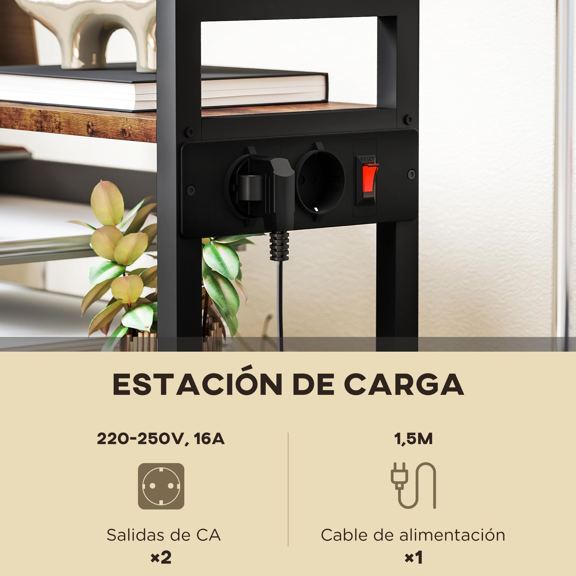 HOMCOM Soporte para Impresora con Estación de Carga Mueble para Impresora de 4 Niveles con Ruedas y Marco Metálico para Oficina Casa Escuela Marrón Rústico