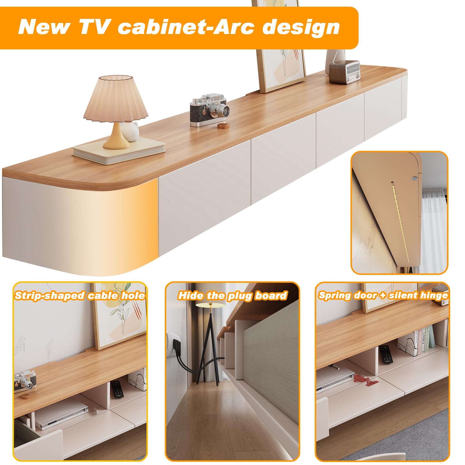 Meuble TV Flottant, Étagères TV Murales Avec Porte, Console Multimédia TV, Armoire TV Flottante avec Grand Rangement Sous TV (Bois+LED, 120CM/47,2")