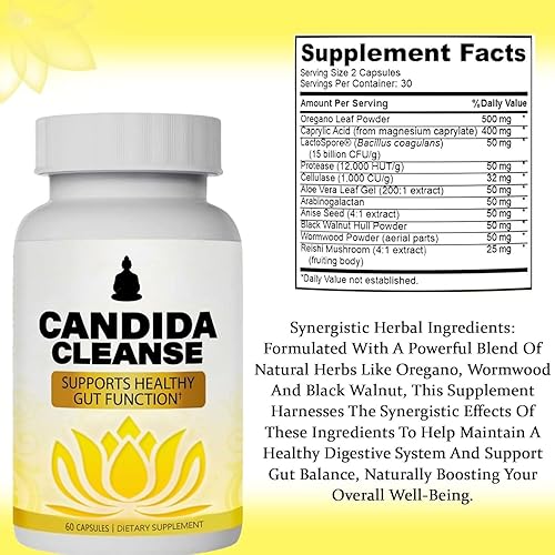 Miniatura 4 de Candida Cleanse - Apoyo intestinal y colon, fórmula avanzada de probióticos y hierbas, fórmula herbaria natural, hoja de orégano, ajenjo, nogal
