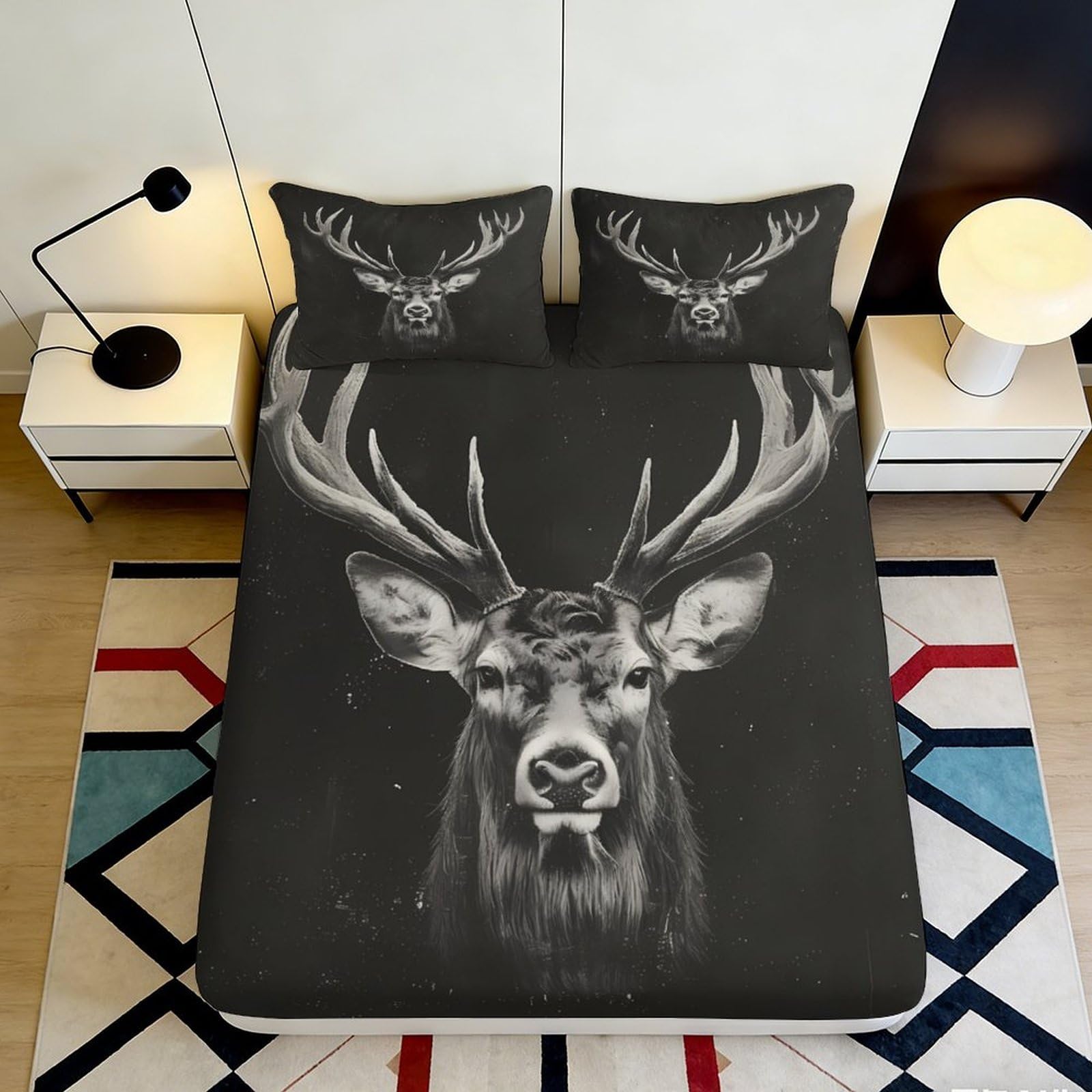 3D Printed Black Deer Pattern Fitted Sheet Microfiber Soft Durable 3D Printed Stag Head Mattress Cover for Bedroom Dormitory Guest Room Bedding 140x200x25cm