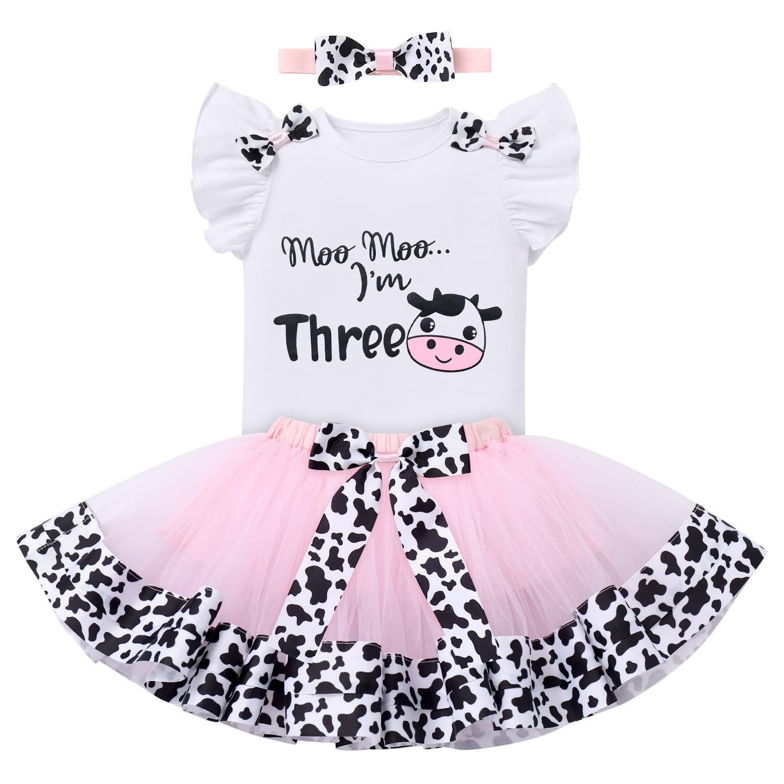IDOPIPLadybug Cow Bee 1st Birthday Outfit for Baby Girls Flutter Sleeves Romper Tutu Skirt Headband Bowknot Dress up Costume