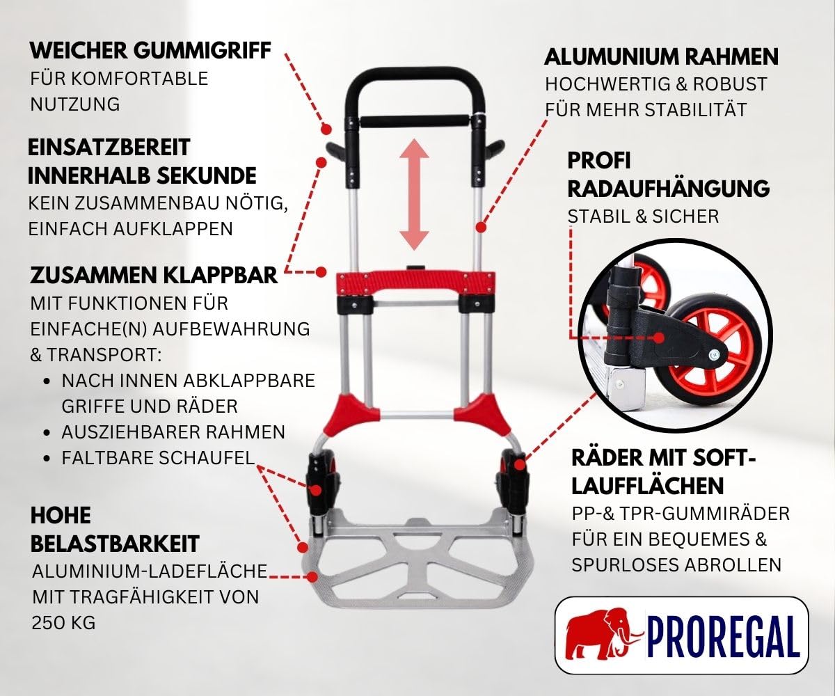 PROREGAL Klappbare Profi-Sackkarre Elephant | HxBxT 112x60x61cm | Traglast 250kg | Aluminium, ergonomische Griffe, Leichtlauf-Vollgummiräder | Schwarz-Rot-Silber | Transportkarre Staplerkarre