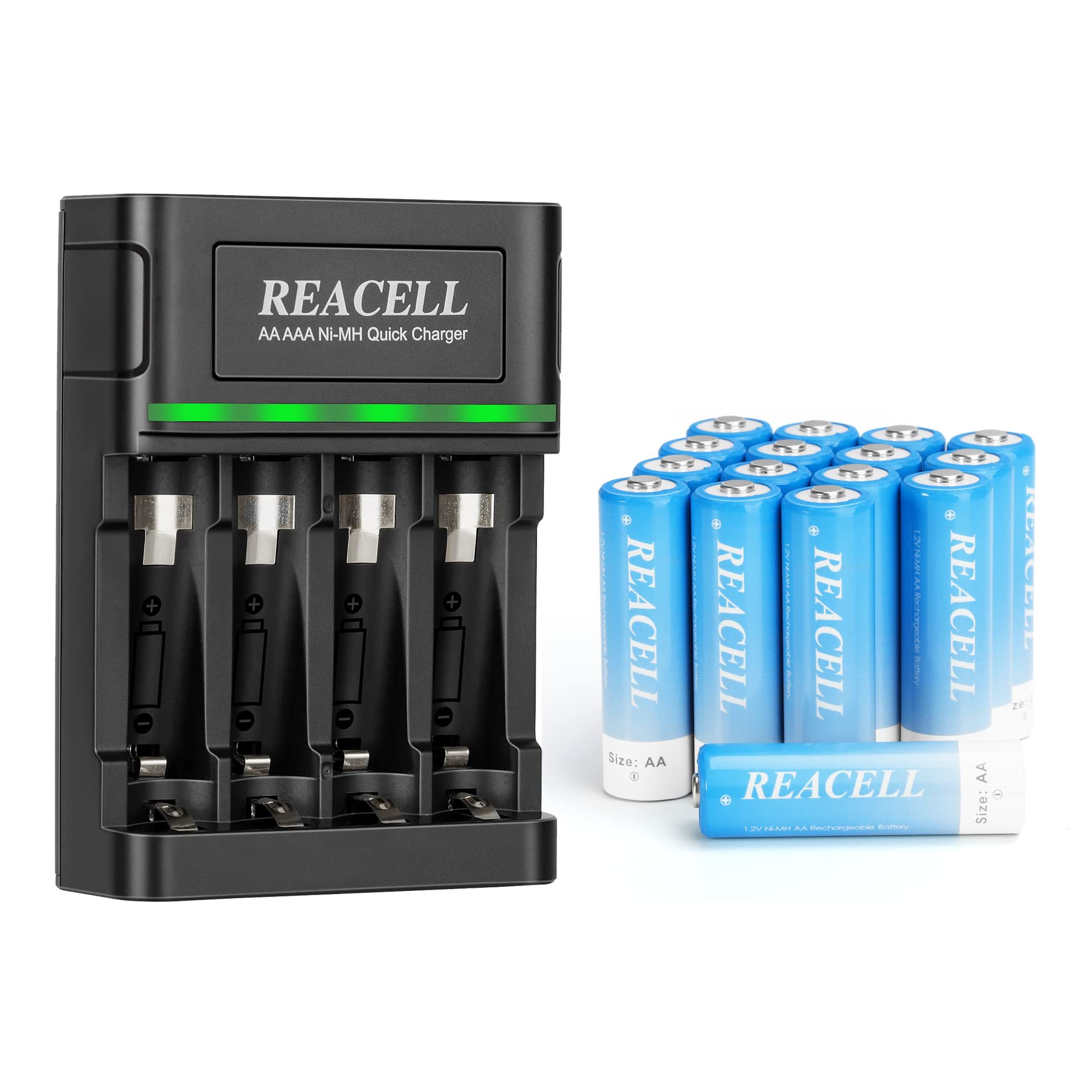 REACELLAA AAA Battery Charger with 16Pcs Rechargeable AA Batteries, 2800mAh High Capacity Rechargeable Battery AA with Charger