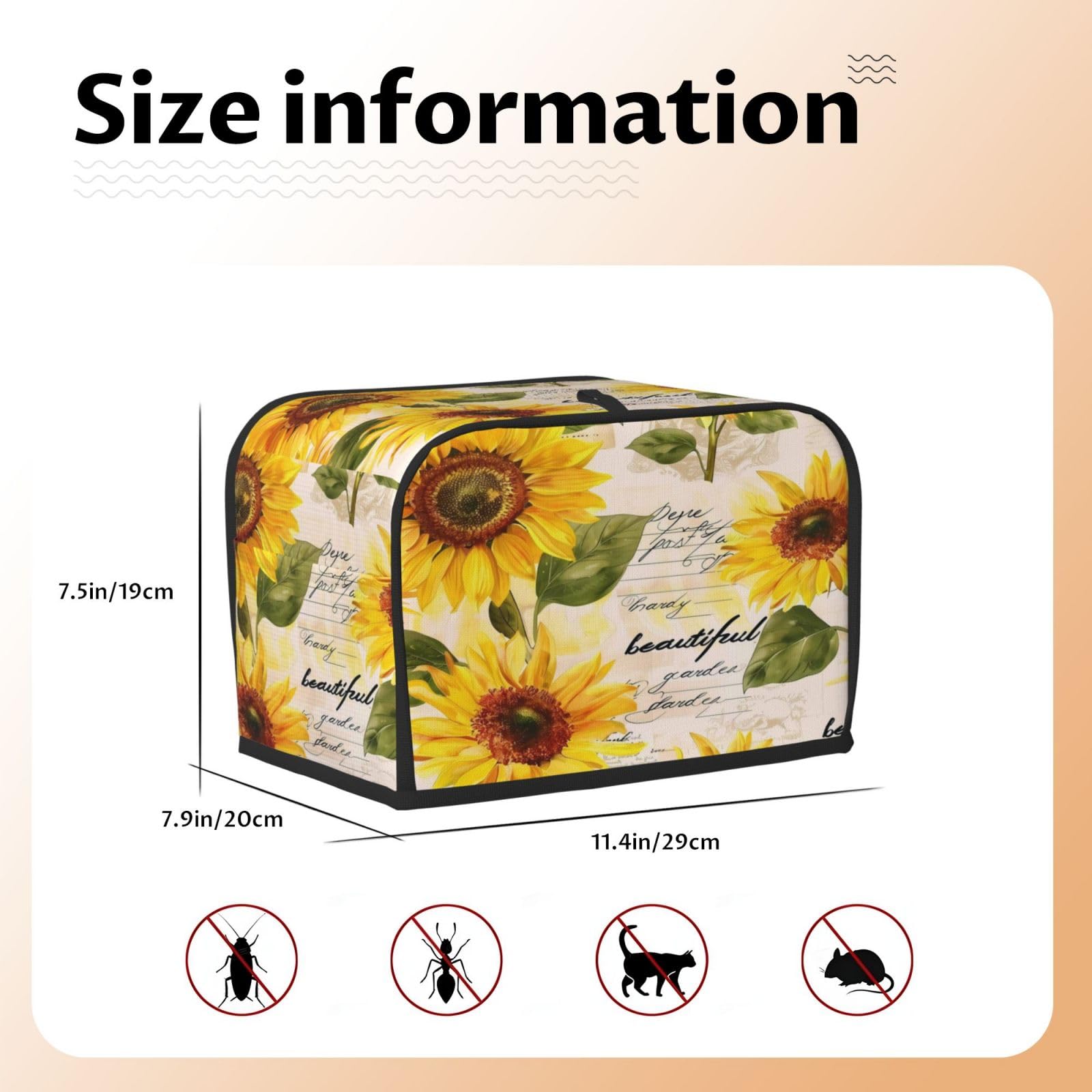 Cubierta retro para tostadora de girasoles florales de 2 rebanadas, ranura ancha, a prueba de polvo, impermeable, con lazo para colgar, protector de tostadora de panadería 5