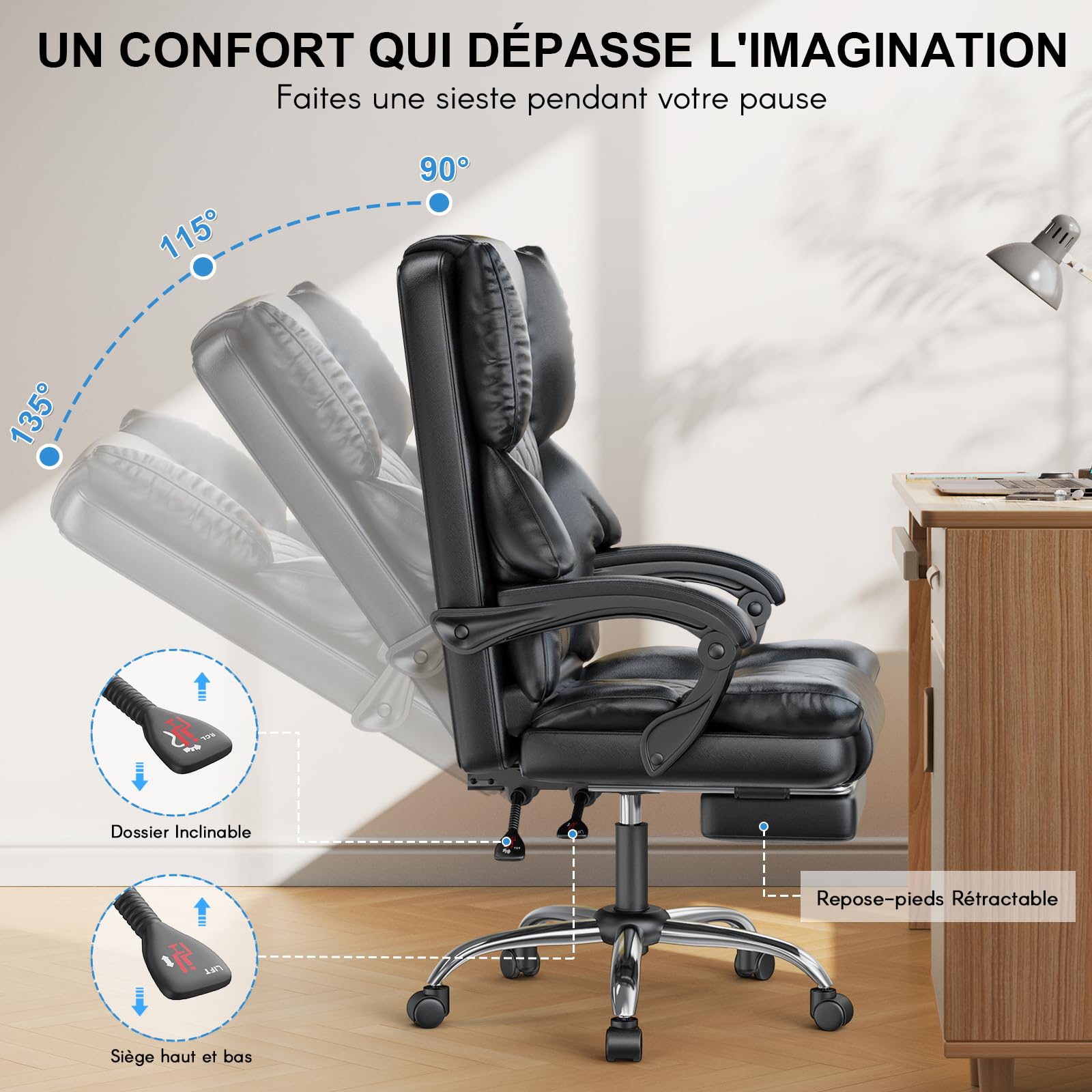 naspaluro Chaise Bureau Ergonomique avec Repose-Pieds, Chaise 150 kg Noir | Chaise Bureau avec Repose-Pieds, Fauteuil Direction cuir PU Inclinable avec Roulettes, Coussin épaissi, Hauteur Réglable