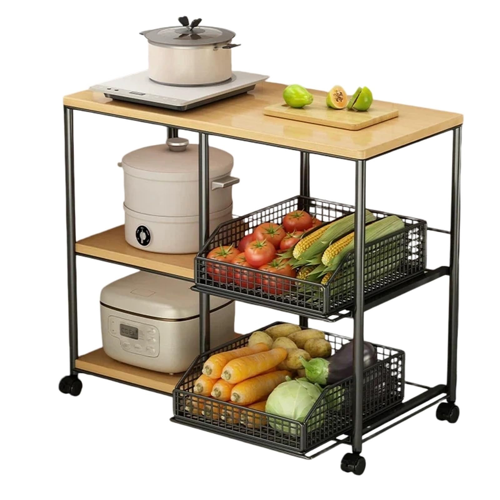 FZL02068LM Kitchen Trolley Rolling Kitchen Storage Cart Pot Rack and Vegetable Basket Organizer Shelf(Black)