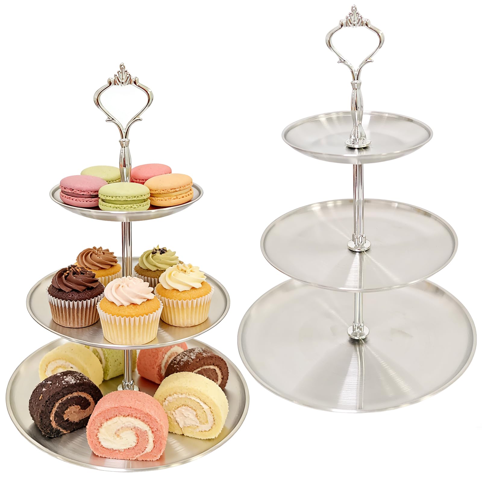 2 Sets 3-Tier Cupcake Stand Holder,Round Stainless Steel Tiered Serving Tray,Silver Dessert Fruit Pastry Display Rack for Birthday Wedding Party Table Decoration