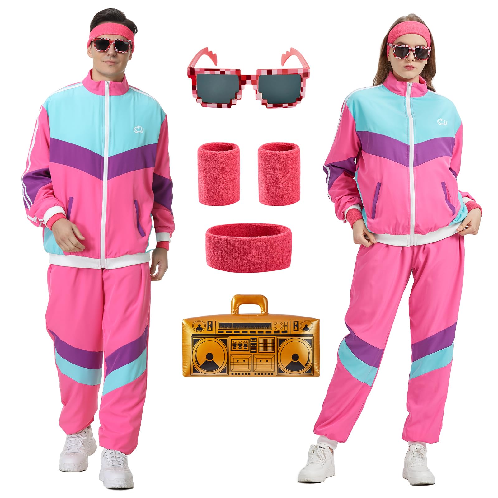 80s Shell Suit Costume Retro 80s Tracksuit for Men Women, 1980s Disco Fancy Dress with Headband Wristbands Glasses Inflatable Radio, 80s 90s Costume Outfit for Halloween Carnival Party