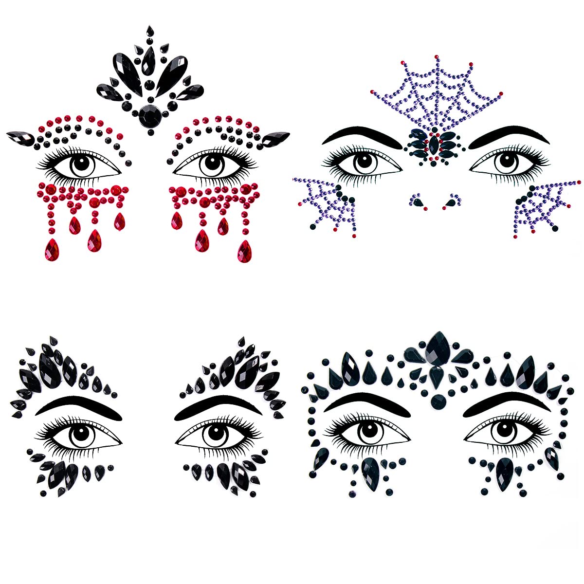 Bowitzki Halloween Face Jewels Festival Design Women Mermaid Face Gems Rhinestone Crystals Stickers Eyes Body Temporary Tattoos (4 Set A)