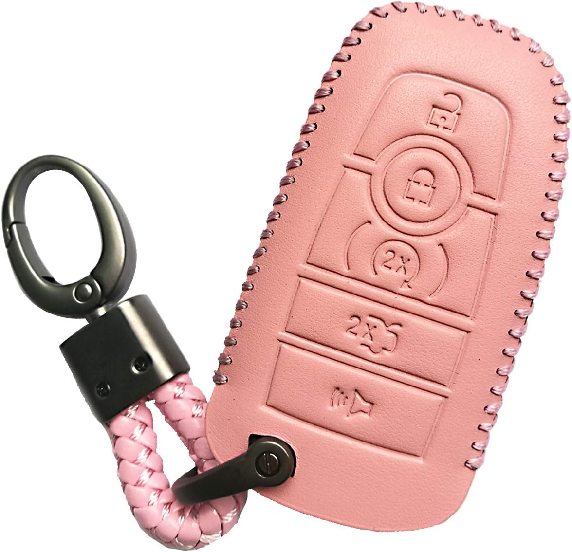 Pink Leather 5 Buttons Smart Key Fob Case Case Remote Skin Holder Protector Jacket For 2017 2018 2019 2020 2021 Ford Bronco Mustang Fusion Raptor F250 F350 F450 F550 Edge Explorer Expedition