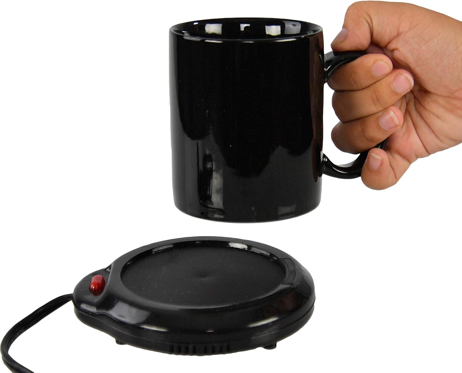 HOME-X Black Mug with Mug Warmer Set, Coffee Accessory for Home or Office, Small Electric Coffee Mug Plate Warmer, Heated Mug Coaster, 3 1/2" D x 4" H, Black