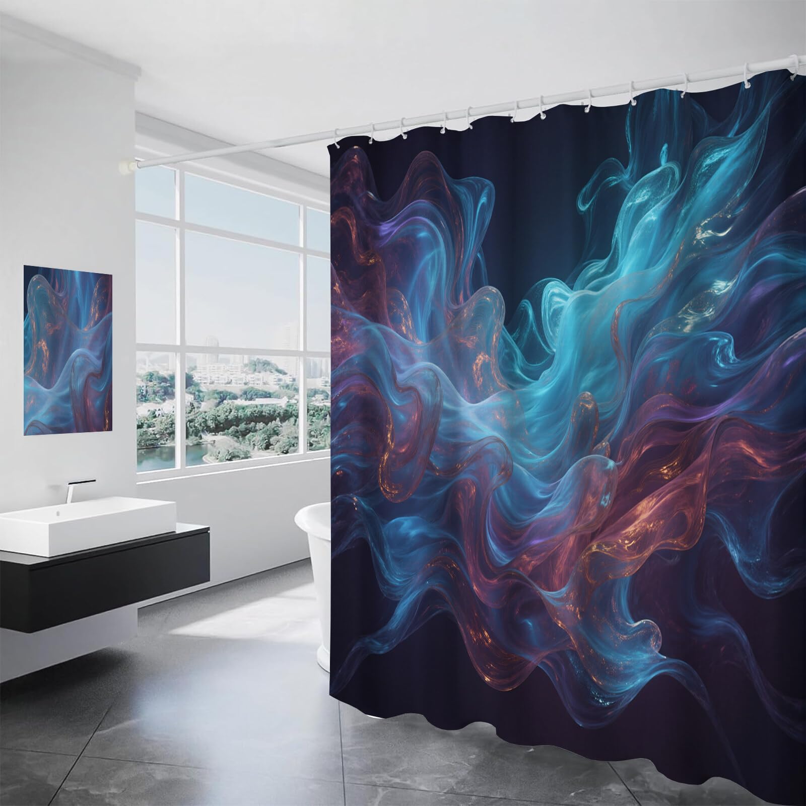 Rideau De Douche Fumée Trouble Fluide Abstrait Tissu Imperméable Lavable avec Crochets Anti Moisissure en Polyester Rideau Douche pour Salle De Bain