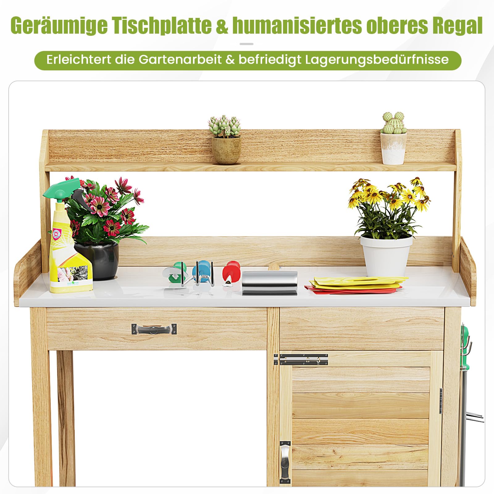 RELAX4LIFE Pflanztisch, Gartenarbeitstisch mit verzinkt Arbeitsplatte, Gärtnertisch aus Holz, Blumentisch mit 3 Haken, Schubladen, Unterschrank und offenem Regal, Gartentisch Wetterfest, 112x46x125 cm