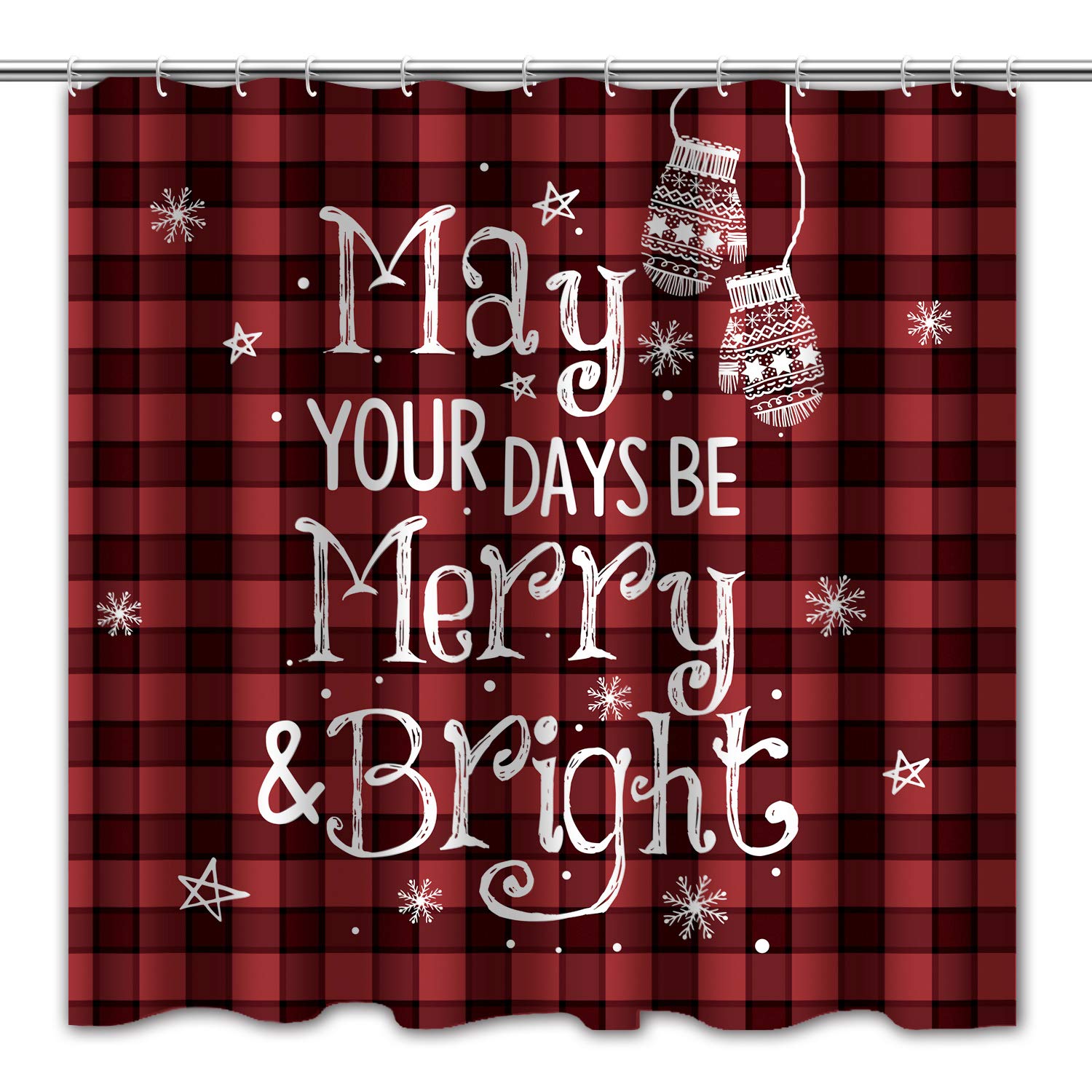 TititexChristmas Red Buffalo Plaid Shower Curtain, Winter May Your Days Be Merry and Bright Bathroom Shower Curtain Sets Decoration 71 x 71 Inch with Hooks