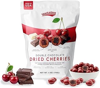 Snackathon Double Chocolate Covered Cherries, 6 OZ Resealable Bag, Tart Dried Red Cherries Coated in Creamy Milk Chocolate & White Chocolate, Indulgent for Snacking & Gifting