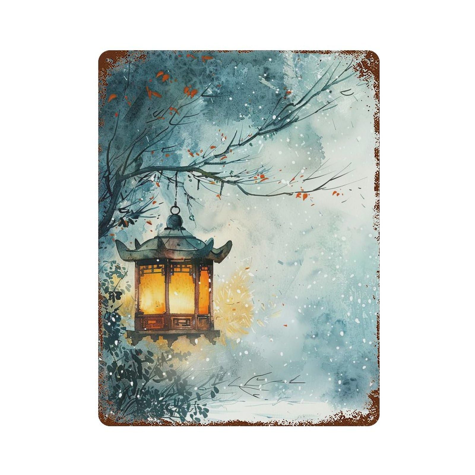 Watercolor Lantern Japon 15.7"x11.8" Vintage Rust Metal Sign, Decorative Metal Wall Art for Living Room, Hallway And Home Decor