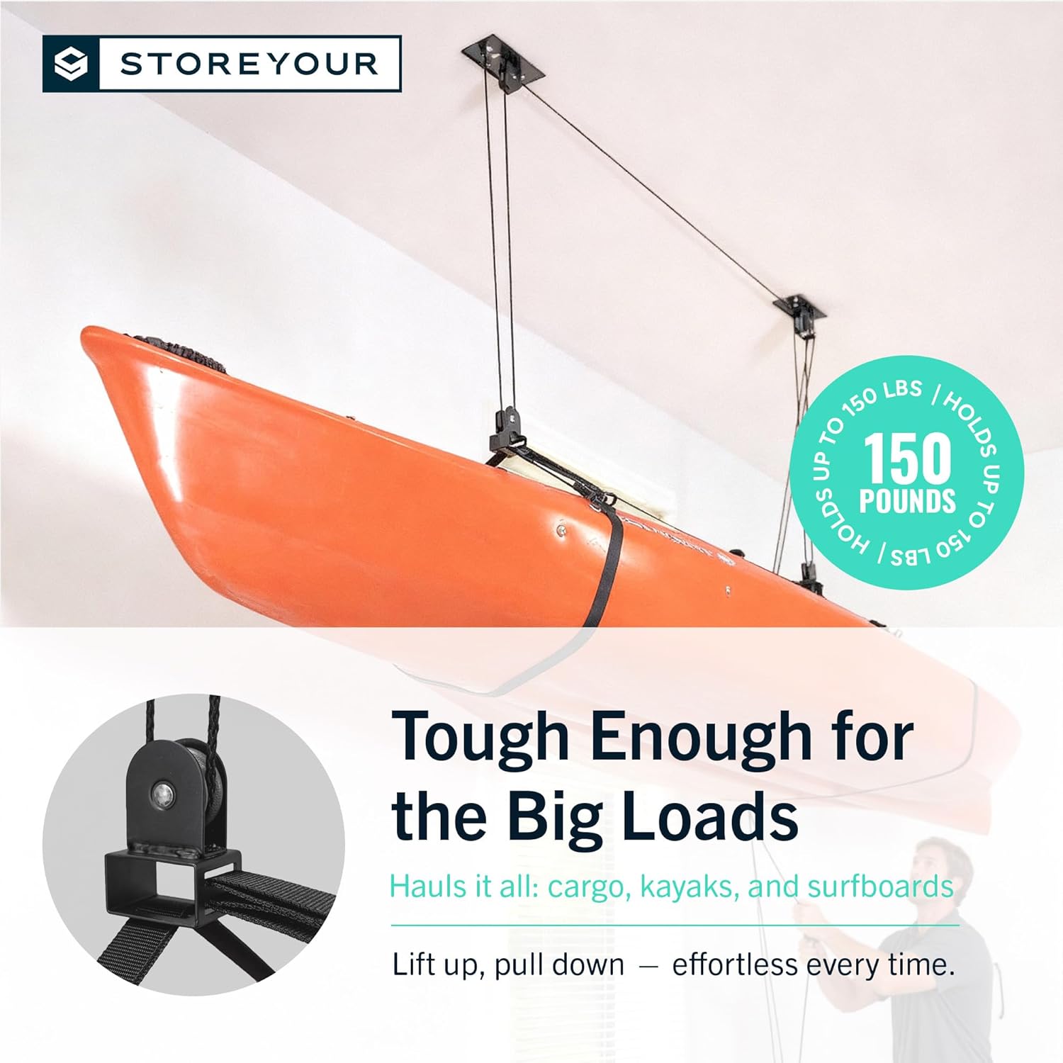 StoreYourBoard Kayak and Canoe Ceiling Hoist – Overhead Garage Storage Rack for Kayaks, Canoes, and Paddle Gear – Heavy Duty Pulley System Indoor Ceiling Mount