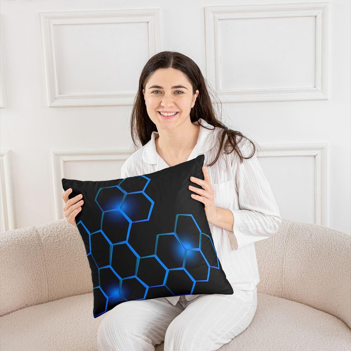 Feelyou Honeycomb Pillow Cases Cushion Covers Modern Hexagon Theme Throw Pillow Covers 24"x24" Set of 2 Soft Decor Geometrical Decorative Throw Pillowcases Beehive Blue Black Cushion Cases Bedroom