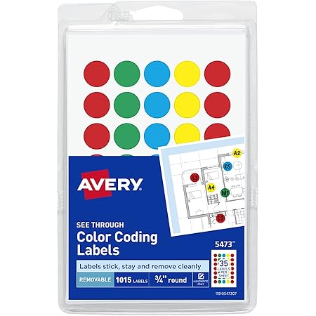 Avery See-Through Removable Color Dots, 0.75-Inch Diameter, Assorted Colors, 1015 per Pack (05473)