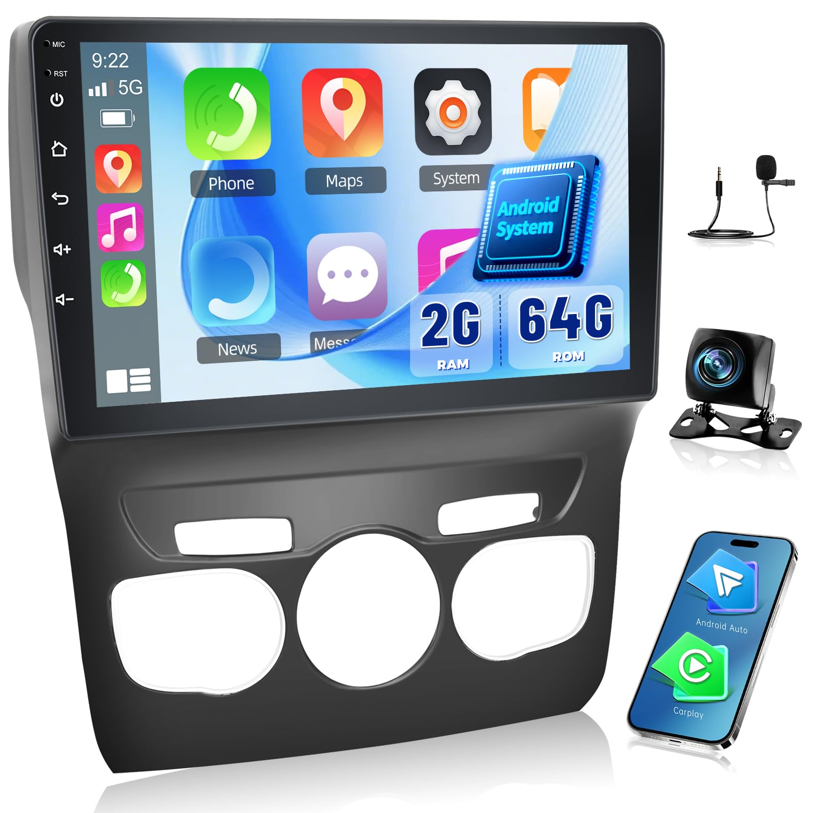 NHOPEEW Autoradio Android 2G+64G pour Citroën C4 II / DS4 / DS4 Crossback 2012-2018, écran Tactile 9 Pouces, CarPlay Android Auto sans Fil, WiFi GPS FM RDS, écran partagé, SWC, caméra arrière AHD
