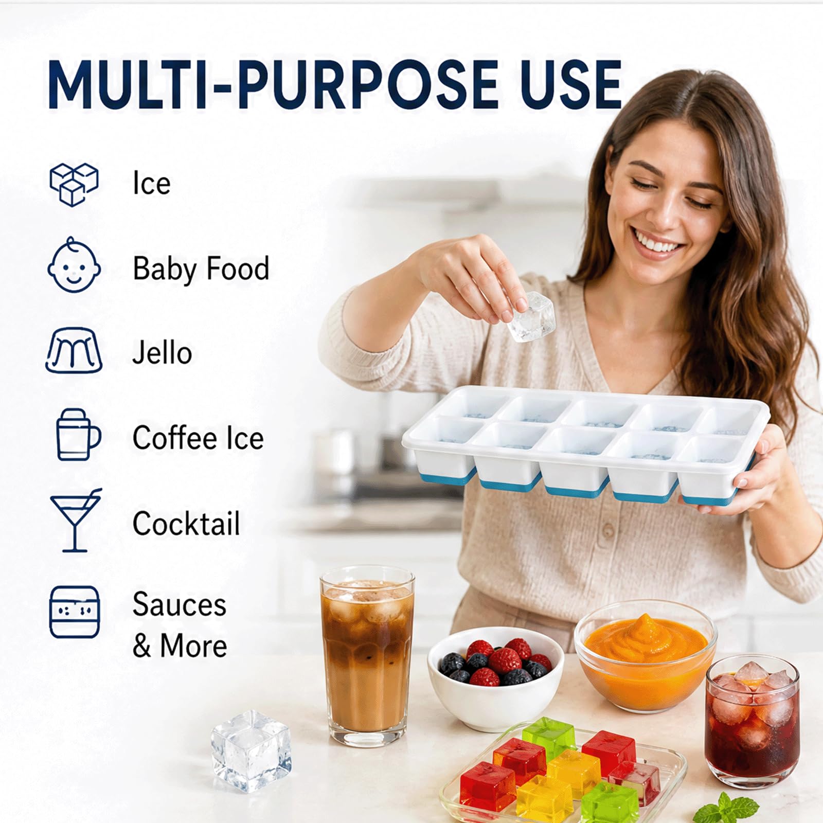 Bandeja de silicona para cubitos de hielo con tapa, bandejas apilables cubiertas para congelador, molde de hielo inferior suave de fácil liberación con tapa a prueba de fugas, bandeja flexible sin