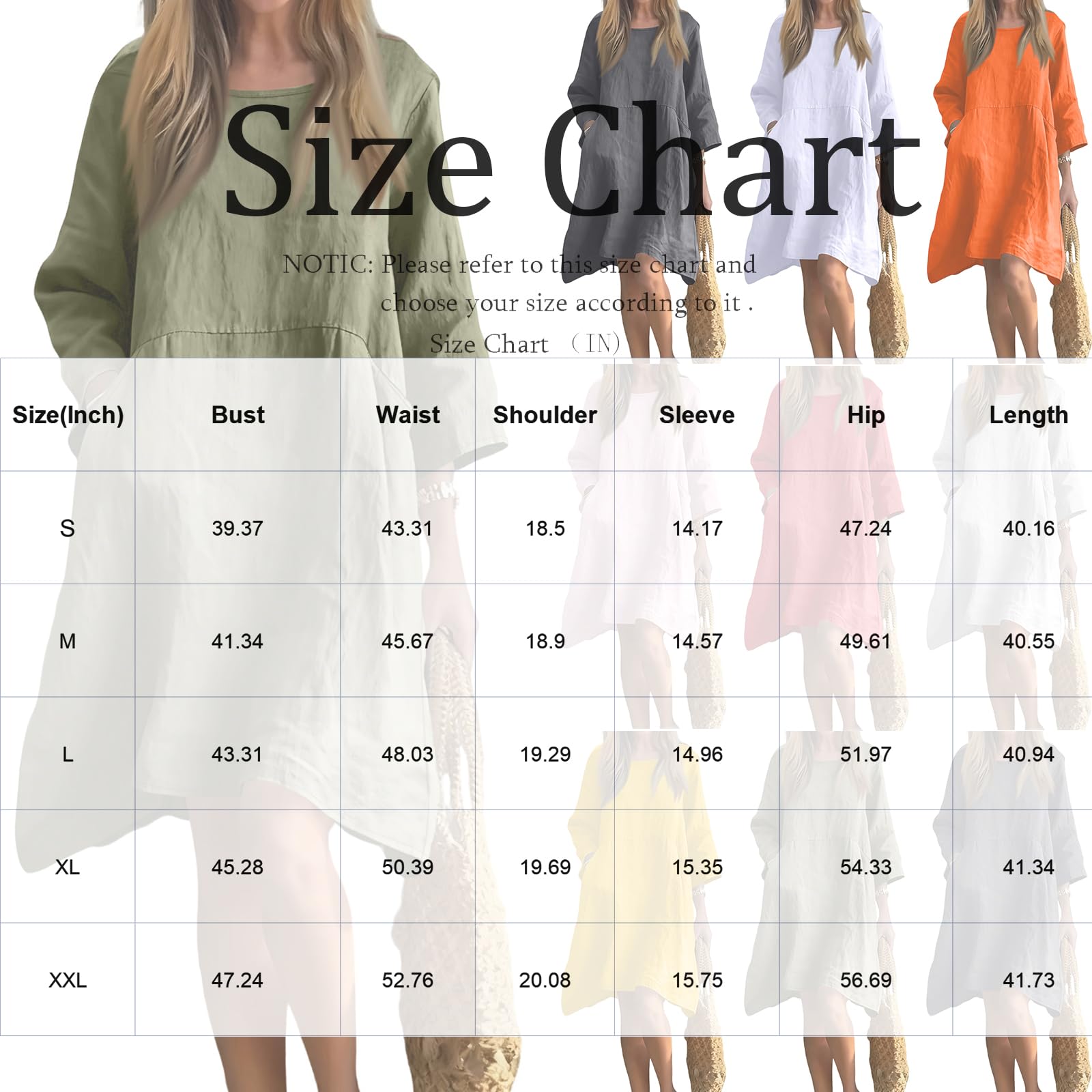 Abito Casual da Donne in Cotone E Lino A Tinta Unita con Scollo Rotondo E Maniche A 3/4 Abiti Ampio al Ginocchio Abiti A Tunica Casual A Trapezio Comodo Abiti da Spiaggia Prendisole con Tasche