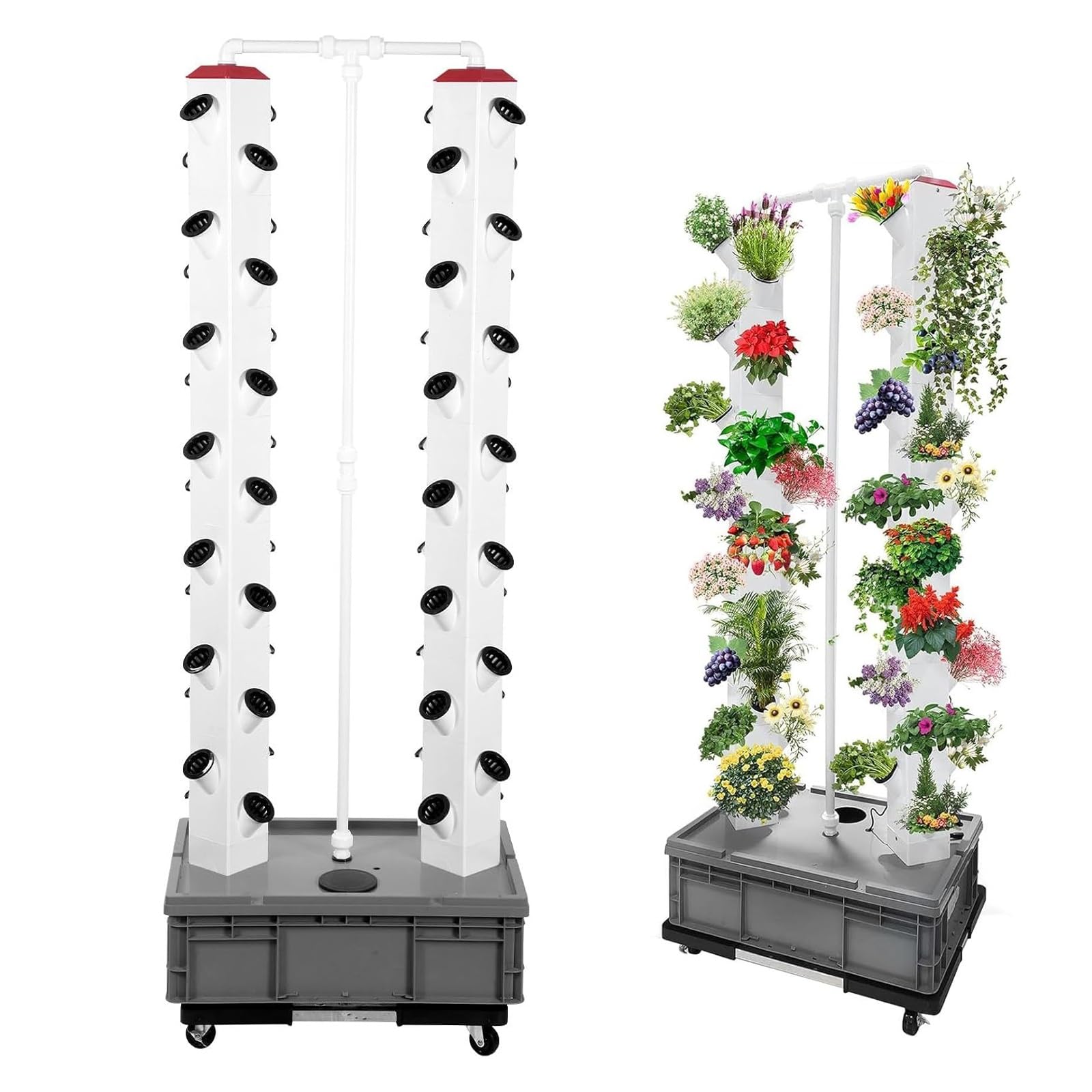 Hydroponie Kit Complet, avec 56 Trous de Plantation et 4 Roues, Tour Aéroponique, Tour Hydroponique Verticale pour Les Amateurs de Jardinage, Gris