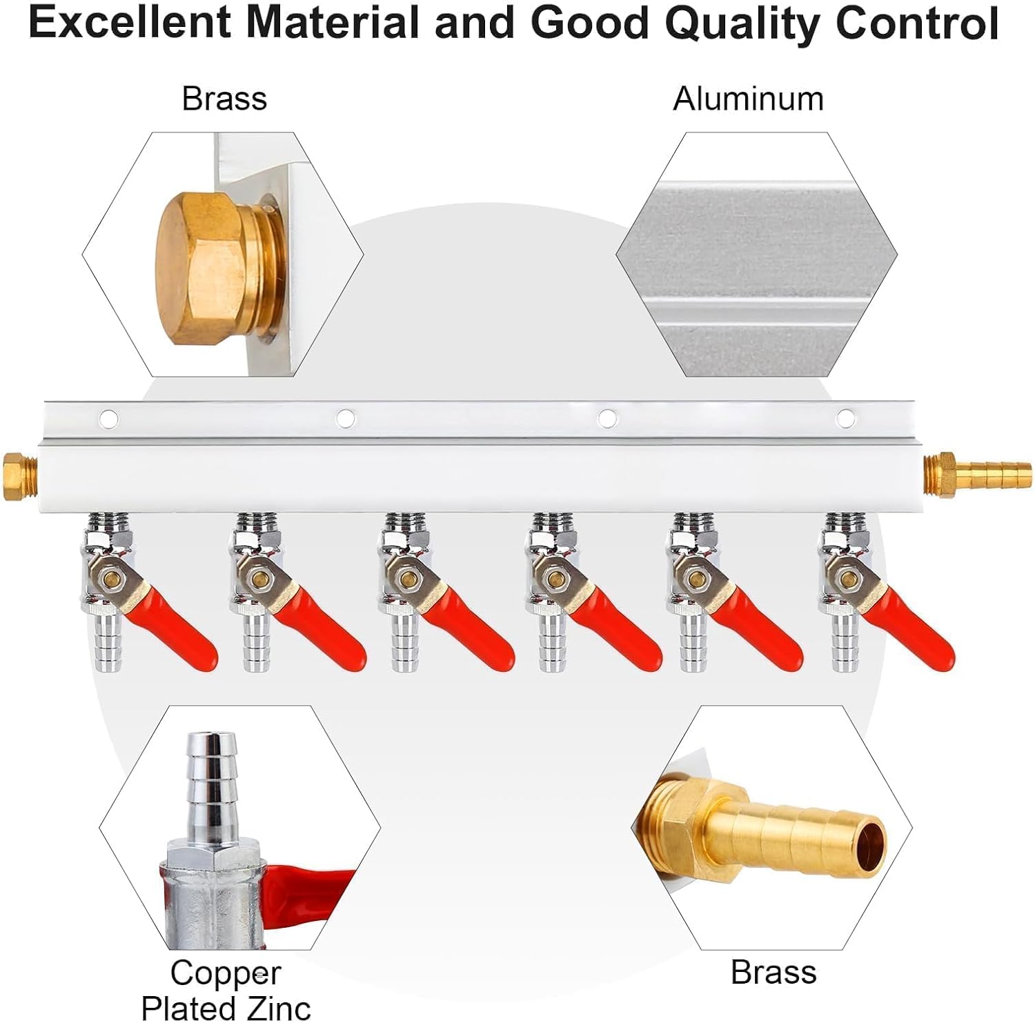 6-Way Gas Distribution Manifold, OD 5/16'' Barb Fitting CO2 Splitter Gas Distributor Beer Keg Gas Manifold Fit for ID 5/16'' Gas Lines with Integrated Check Valves & 7PCS Hose Clamps