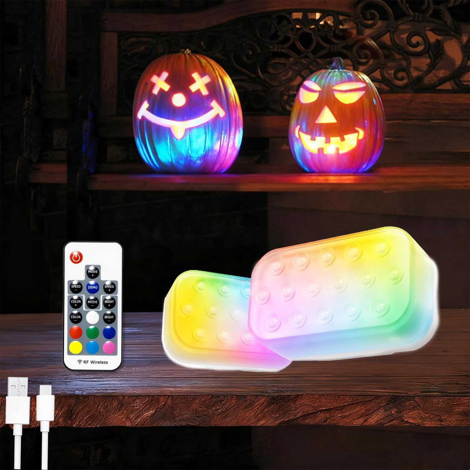 halloween pumpkin lights with remote/timer - rgb pumpkin ip68 waterproof 20 colors lights led battery operated halloween decor - jack-o-lantern outdoor decorations 2 packs