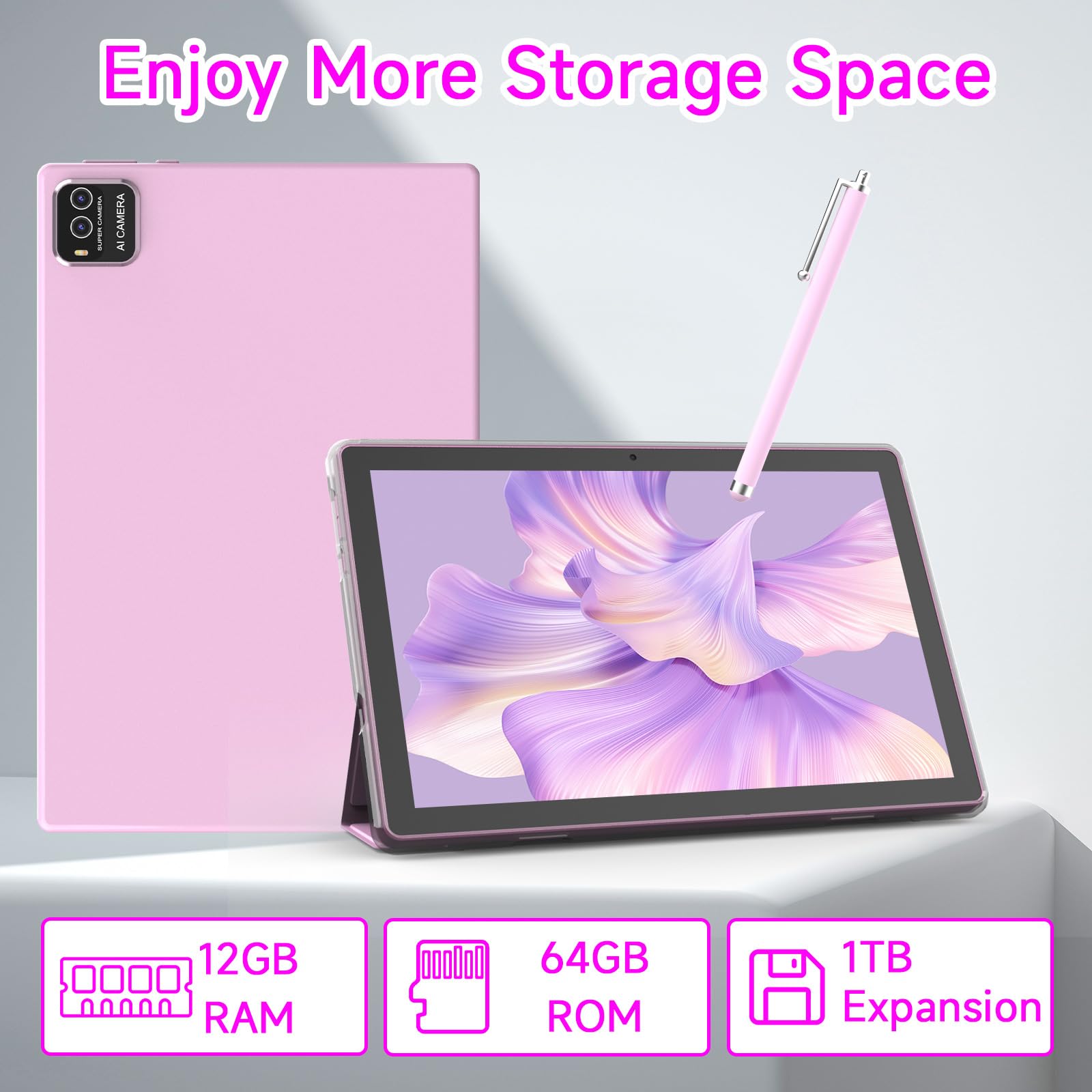 2 in 1 tavolo Android 10 pollici con tablet custodia protettiva e penna stilo android 15 Tablet 5G WiFi-6 1280 * 800 Full HD IPS display 6000mAh 64GB ROM + 12GB RAM (4+8 virtuale), espansione 1024GB