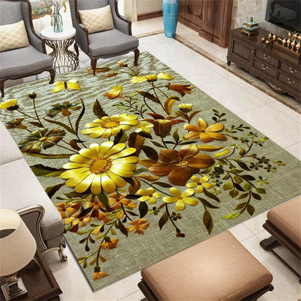 Tapis motif floral végétal 200x300cm jaune et vert pour salon moderne