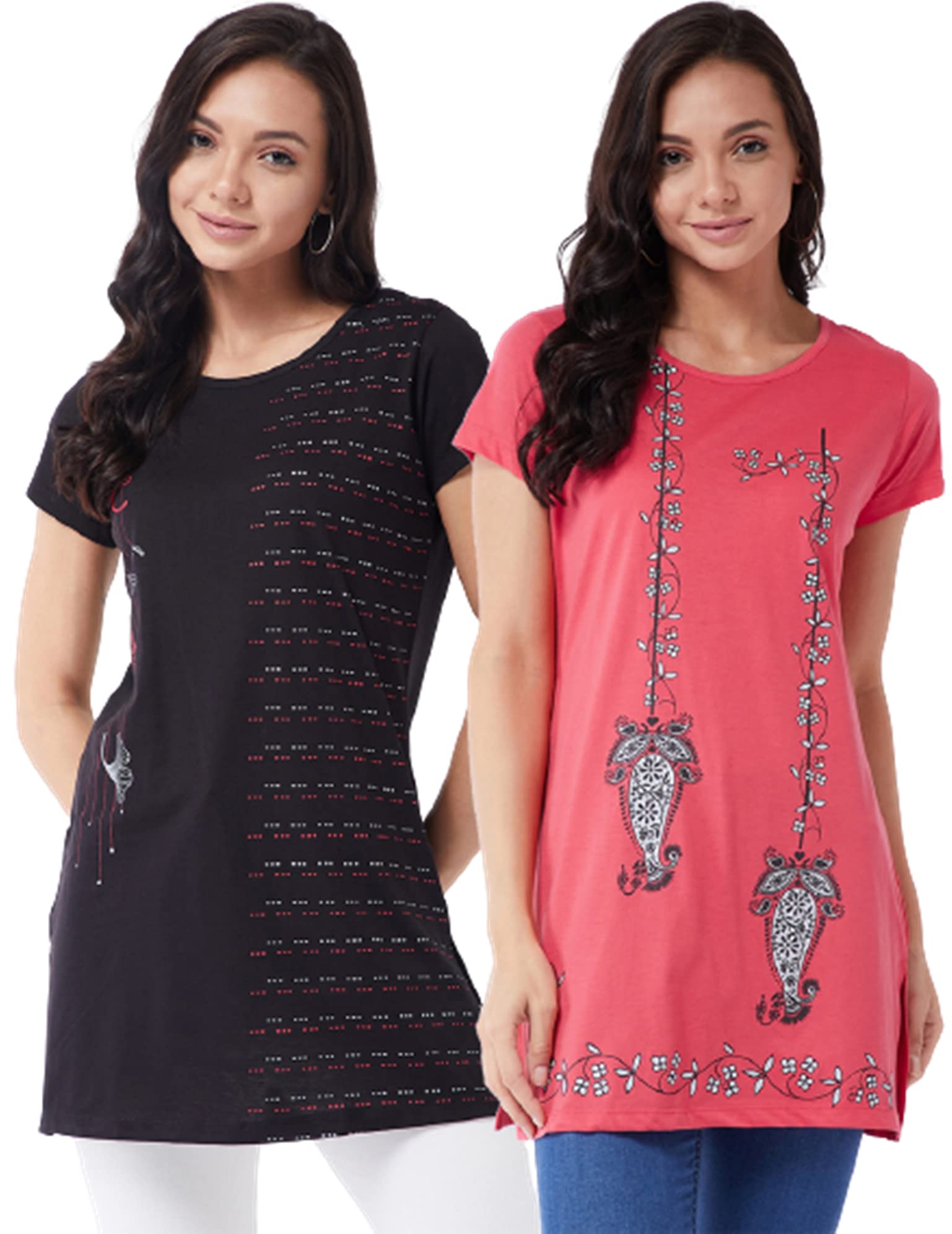 modeve Women Printed Cotton Blend Pack of 2 Long T-Shirt-picture-19