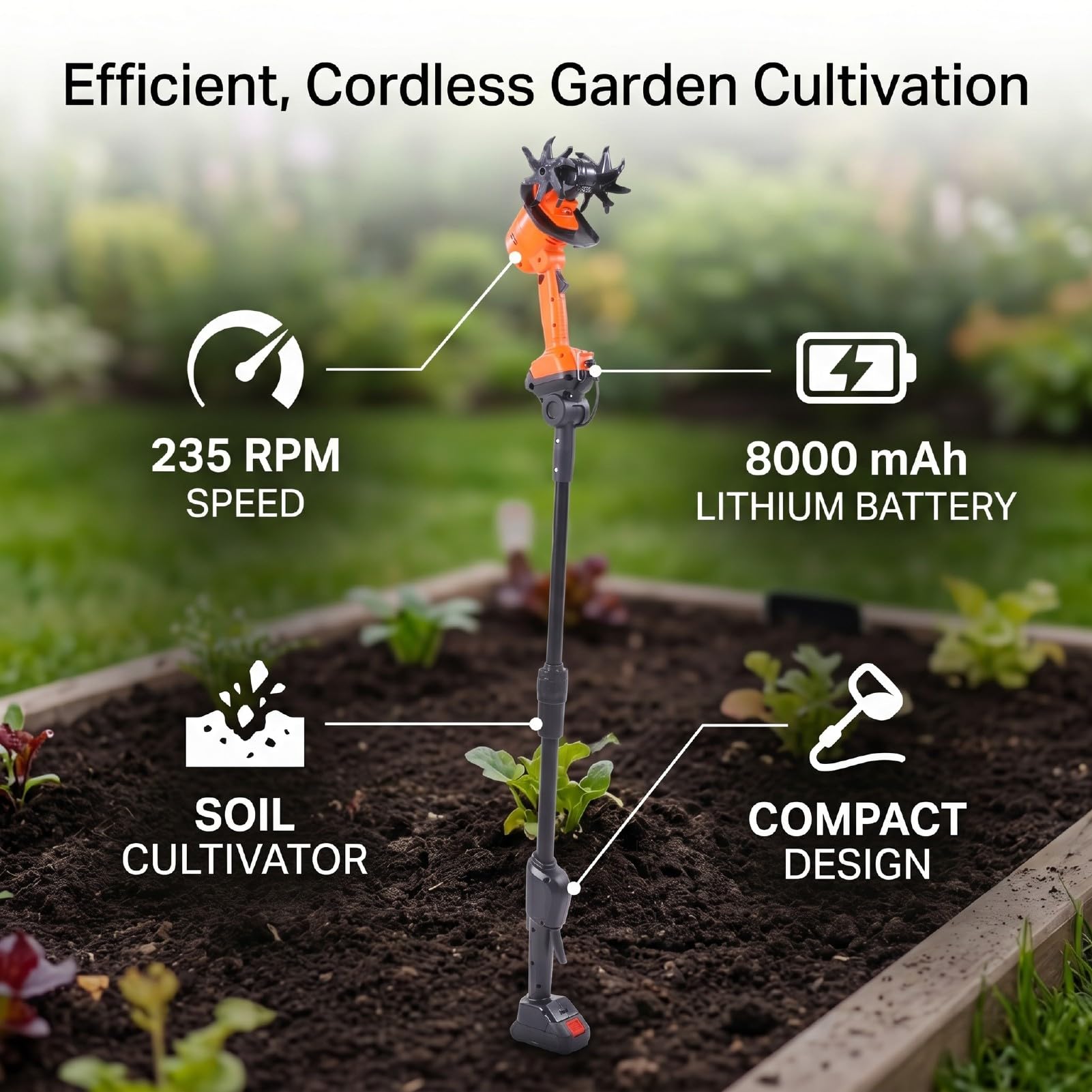 PUSOKEI Motocultor Eléctrico Inalámbrico 235 RPM 8000 MAh |Azada de Jardín Alimentada por Batería para Desherbar la Labranza en Jardines (Enchufe de la UE 100-240V)