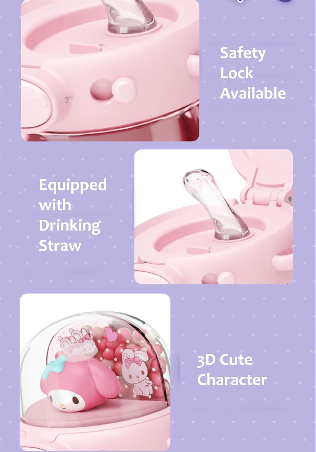 My Melody Water Bottle with Straw and Strap 650ml - Pink - Image 2