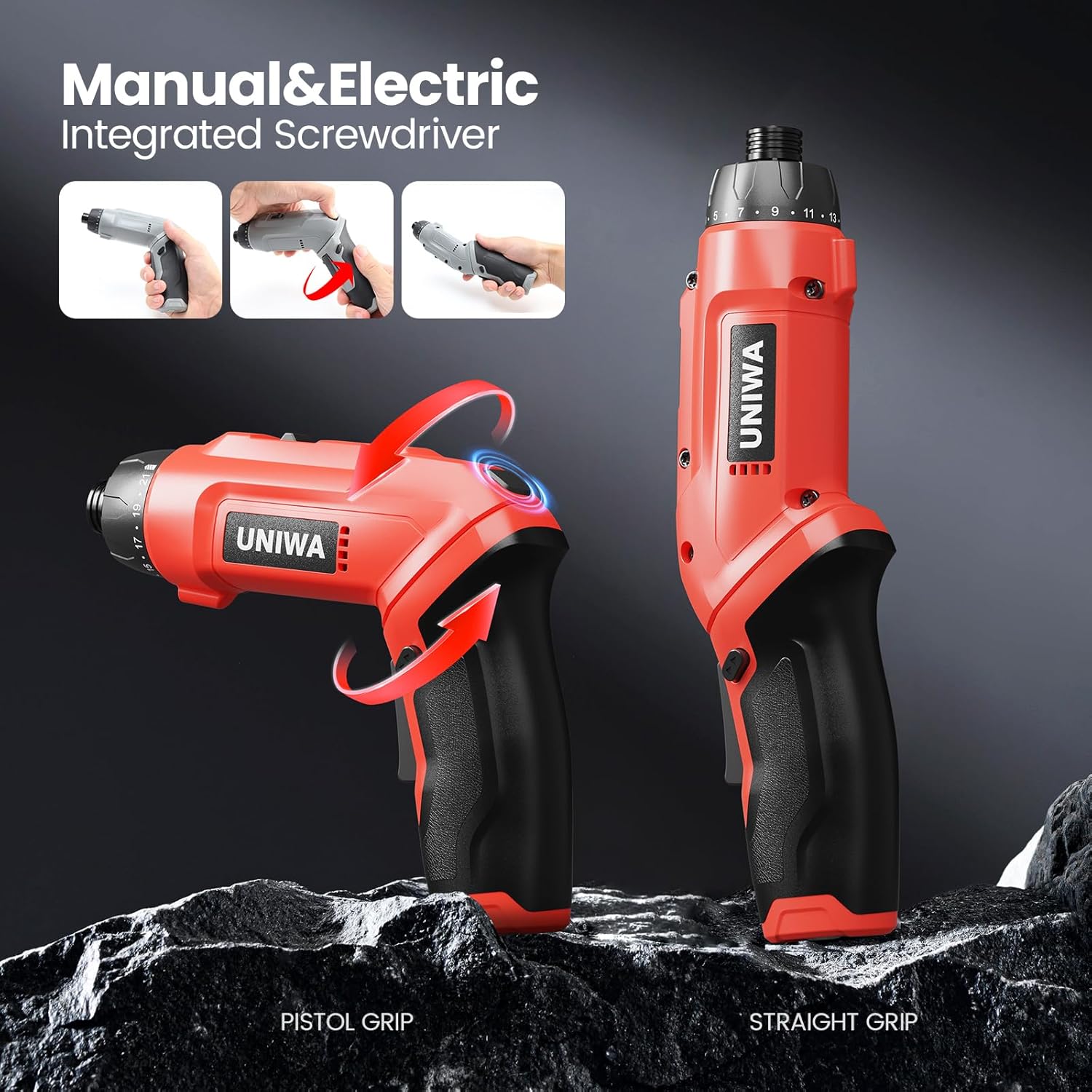 UNIWA Cordless Electric Screwdriver Rechargeable - 650 RPM Power Screwdriver Set, Cordless Drill Small Drill, Hand Drill Set, 7.1N.m, 38PCS Bits, 2000 mAh, 3.6 V Power Tools, Pivoting Handle (Red)