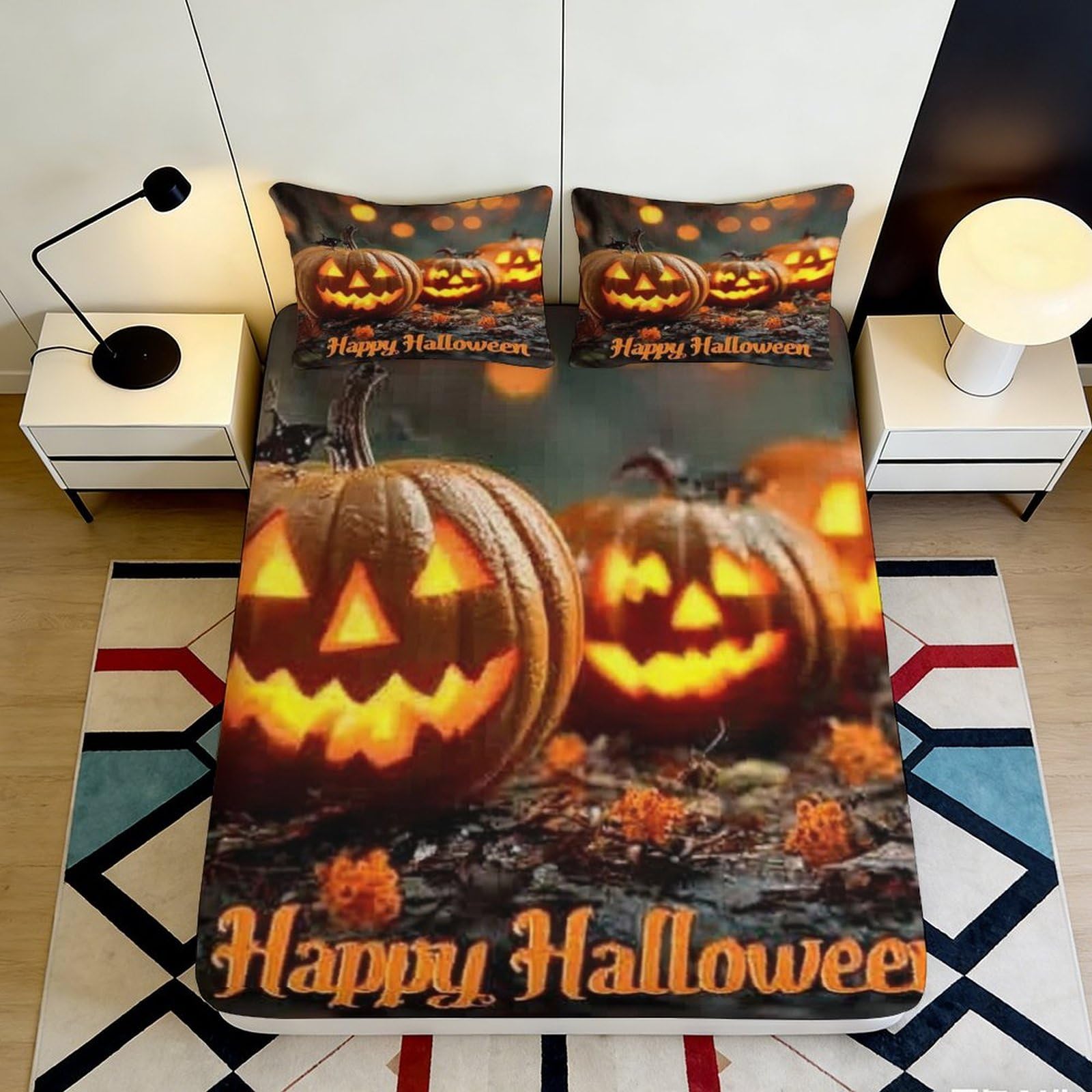 3D Printed Halloween Pumpkin Fitted Sheet Microfiber Soft Durable Happy Halloween Bed Cover for Bedroom Dormitory Guest Room Mattress Protection 200x200x25cm
