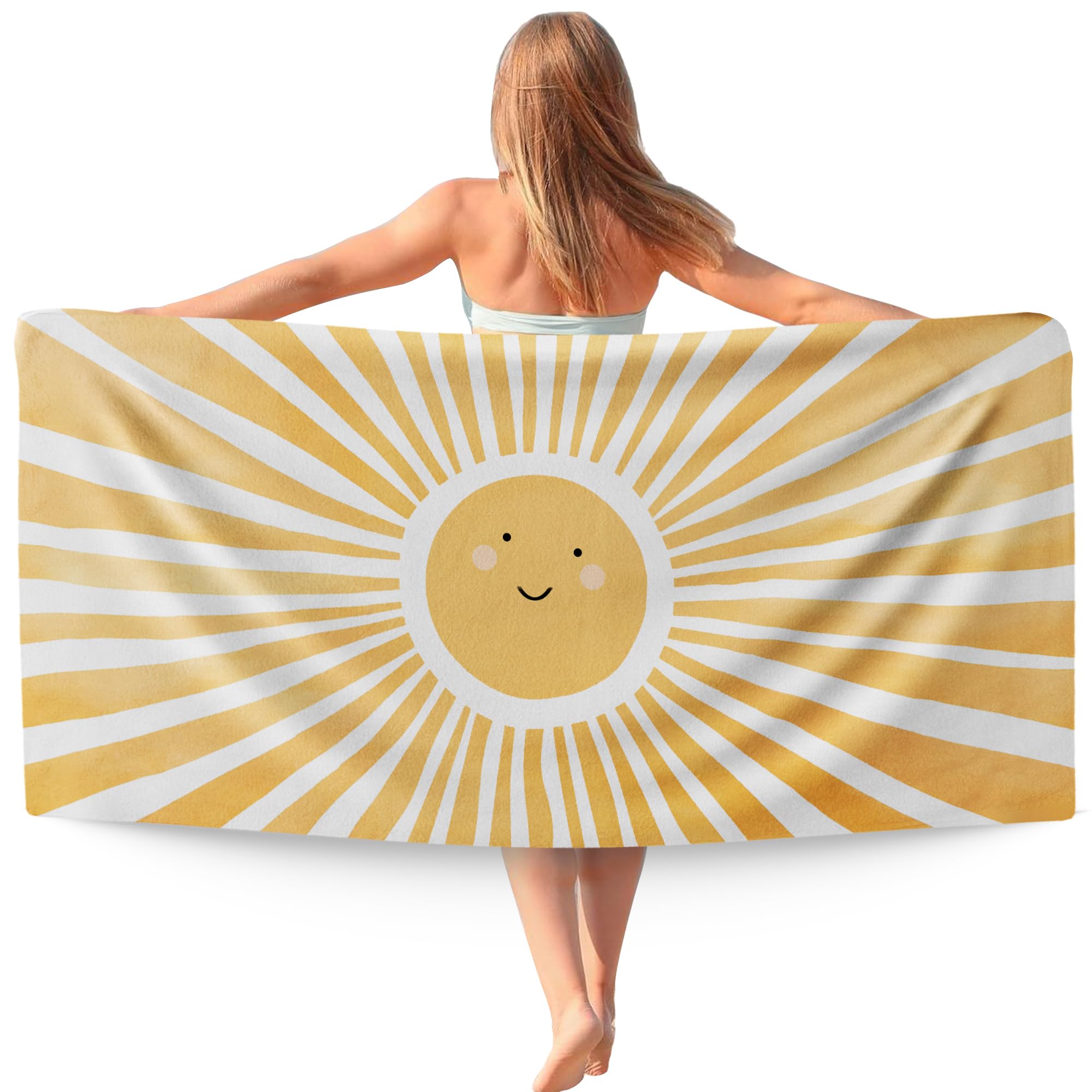 WAITPI Boho Yellow Sun Sunshine Beach Towel Gifts for Women, Sunrise Sunset Microfiber Beach Towels Oversized 30x60 Inch, Boho Quick Dry Travel Sand