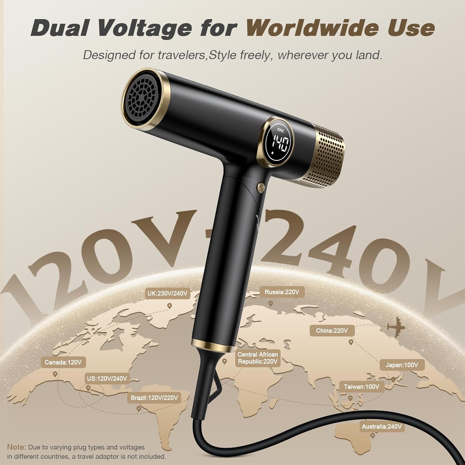 Dual Voltage Travel Hair Dryer with Diffuser, 1900W Professional High-Speed Ionic Blow Dryer for Fast Drying, Lightweight, No Heat Damage, Global Use 110V-240V