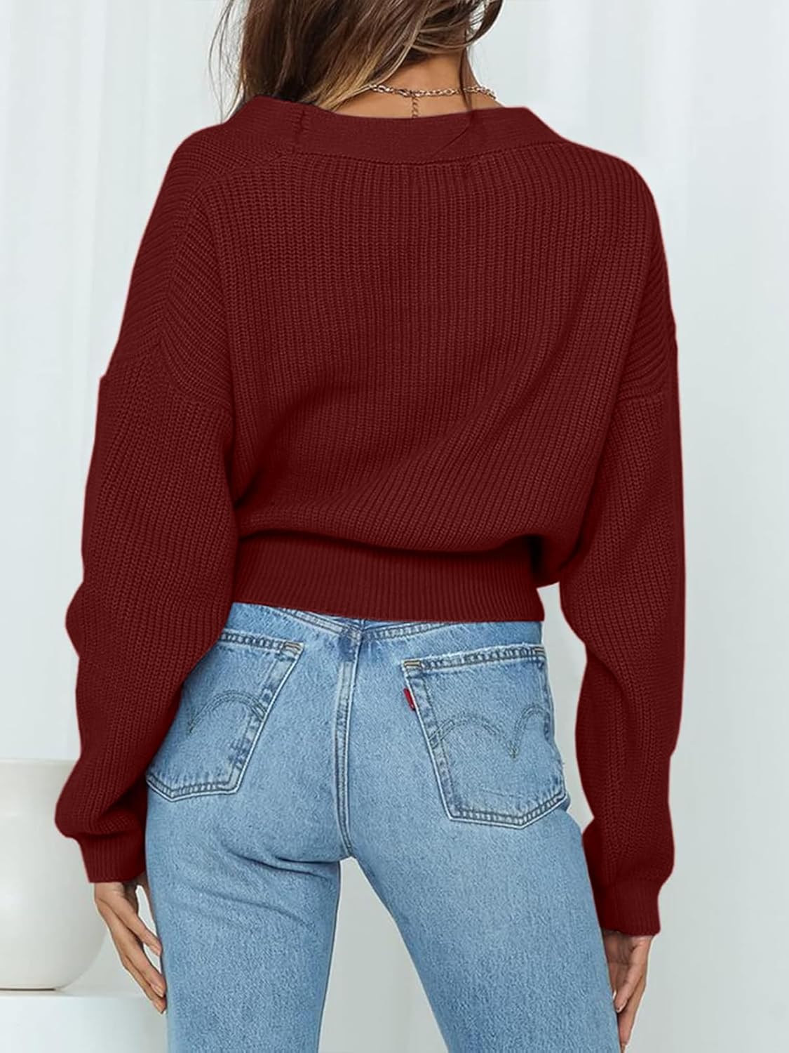 Women's Casual V Neck Wrap Sweater Pullovers Lightweight Ribbed Drop Shoulder Knitted Tops - Image 5