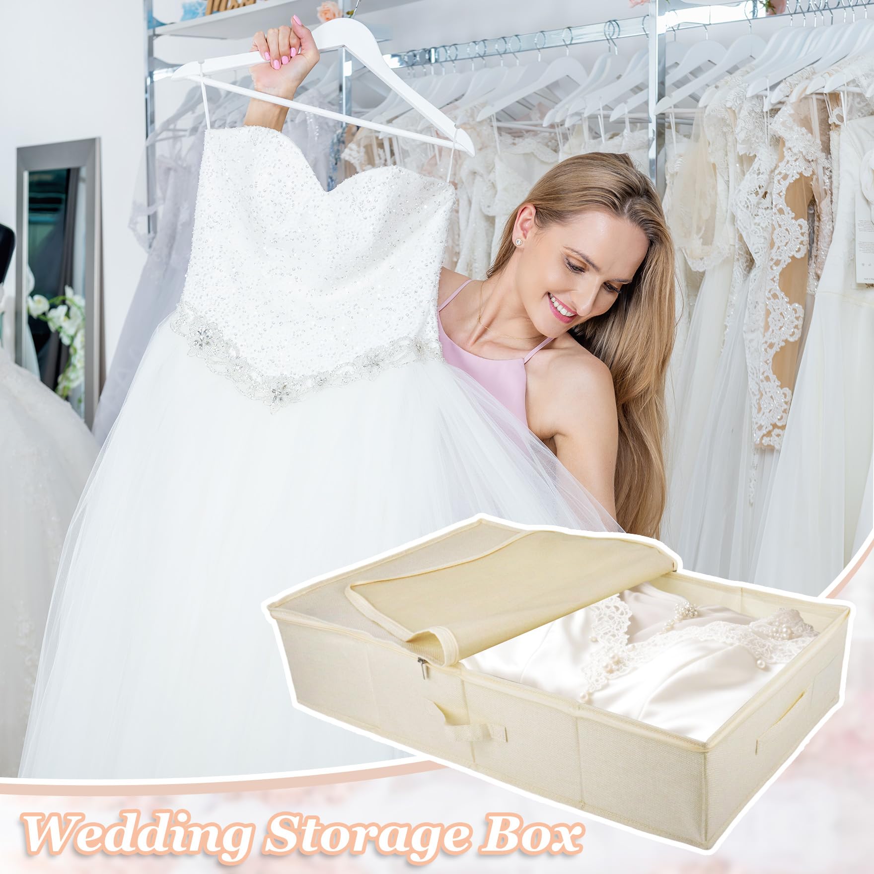 Klmnop Aufbewahrungsbox für Hochzeitskleid, große Aufbewahrungsbox, mit 40 säurefreiem Seidenpapier und 1 Paar Mikrofaser-Handschuhen zur Aufbewahrung von Hochzeitskleidern (Beige)