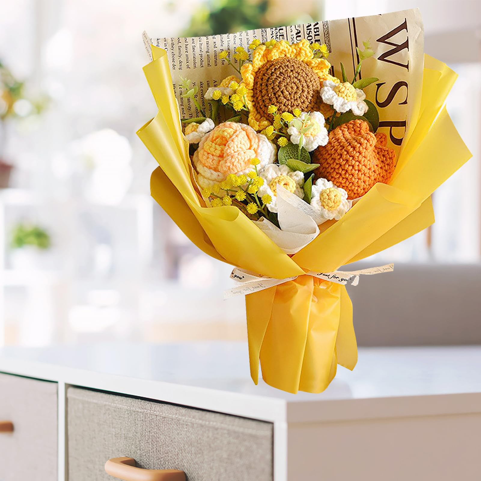 bukiet ślubny, Sztuczny słonecznik Daisy Warm Sztuczne kwiaty róży Bukiet, Ręcznie robione szydełkowe, Żywe słoneczniki Dzianinowe sztuczne(Yellow)