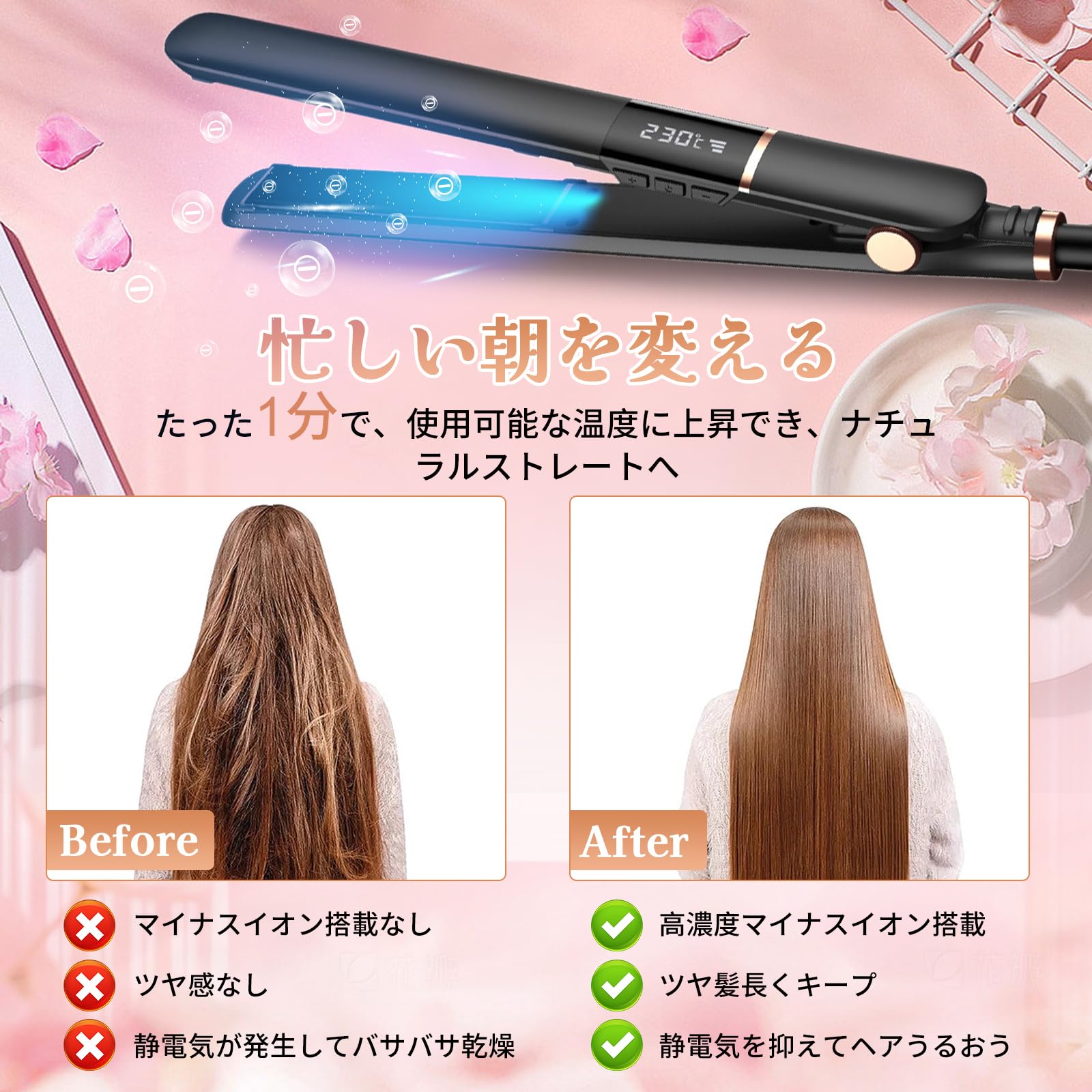 Amazon | ヘアアイロン ストレート5段階温度調節 150℃～230℃ 急速加熱